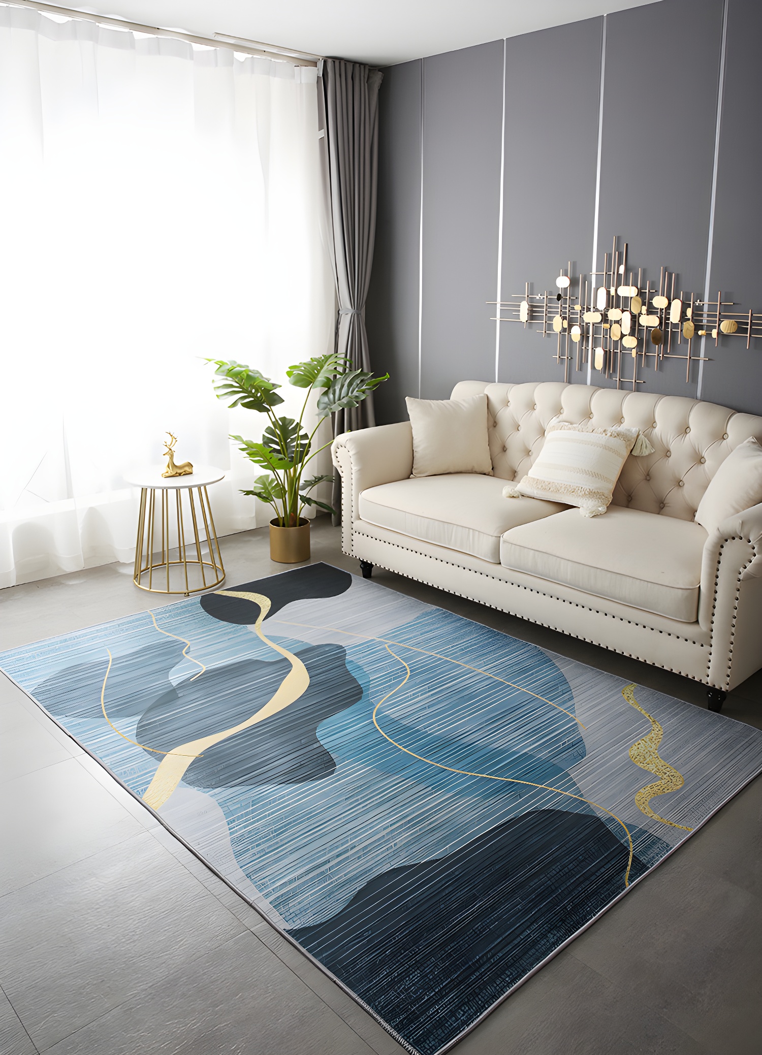 Nordic Indoor Rug Polyester Colour Block Rug Washable Carpet for Living Room, Bedroom