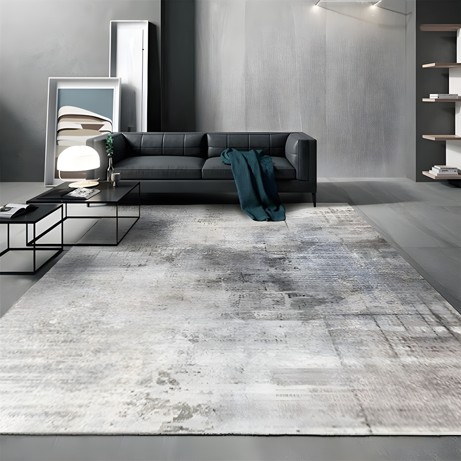 Grey Tone Distressed Rug Polyester Colour Rendering Indoor Rug Non-Slip Backing for Living Room
