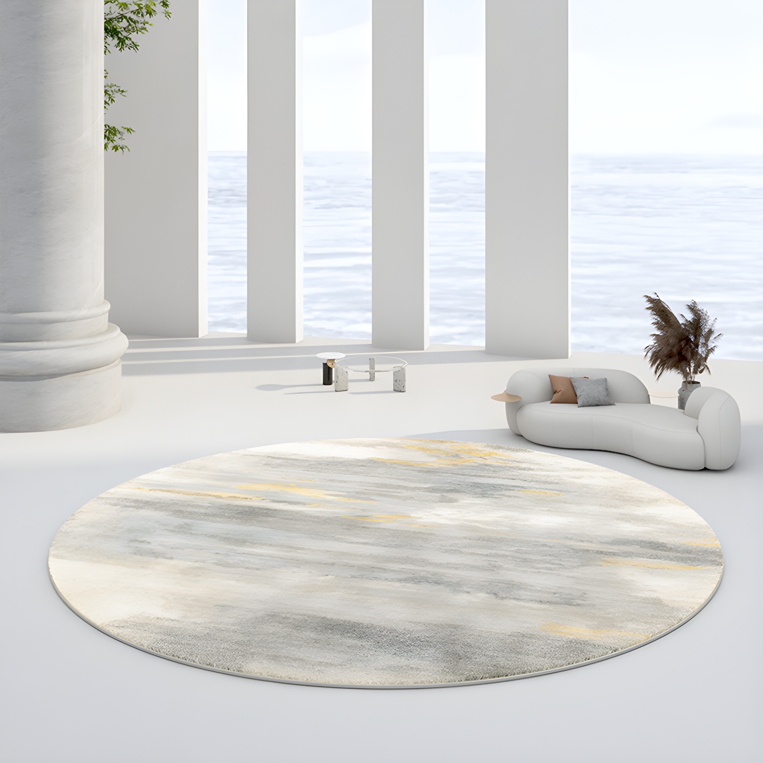 Round Light Colour Distressed Rug Polyester Mottled Effect Indoor Rug Non-Slip Backing Carpet for Home Decoration