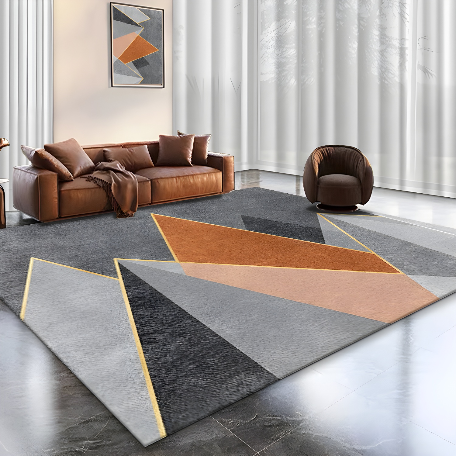 Stylish Geometry Indoor Rug Orange Decorative Polyester Carpet Stain Resistant Carpet for Home Decoration