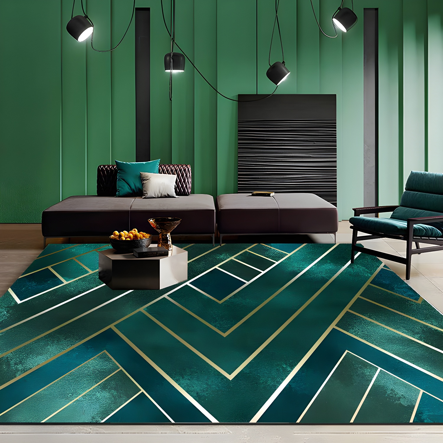 Green Geometric Indoor Rug Luxurious Modern Area Carpet Polyester Anti-Slip Backing Carpet for Bedroom