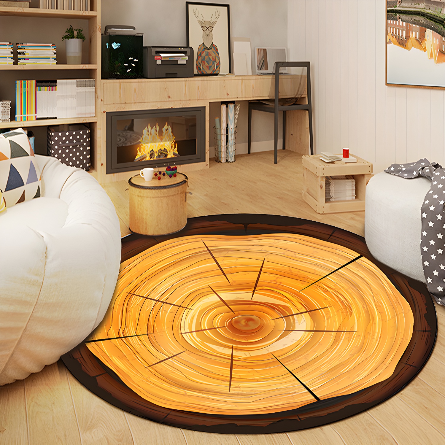 Novelty Rug Polyester 3D Tree Ring Printing Carpet Non-Slip Backing Rug for Living Room