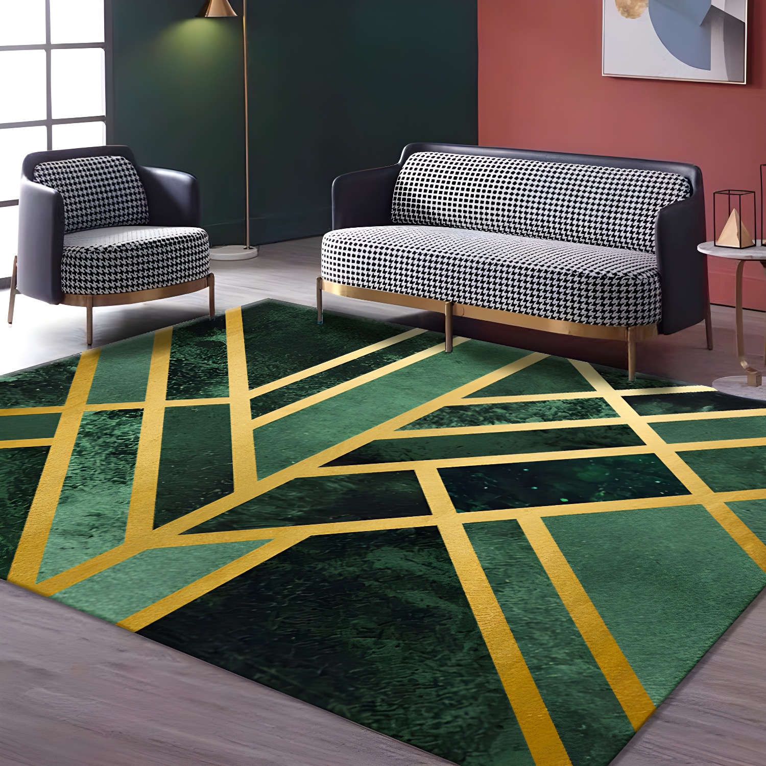 High-end Modern Indoor Rug Trendy Gold Lines Carpet Polyester Non-Slip Backing Rug for Living Room