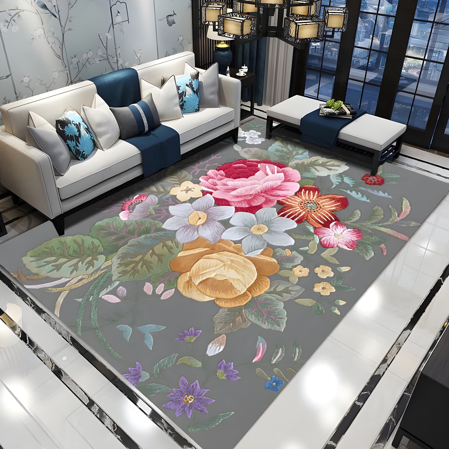 Luxurious Floral Pattern Rug Multi-Colour Modern Indoor Carpet Polyester Anti-Slip Backing Carpet for Home Decor