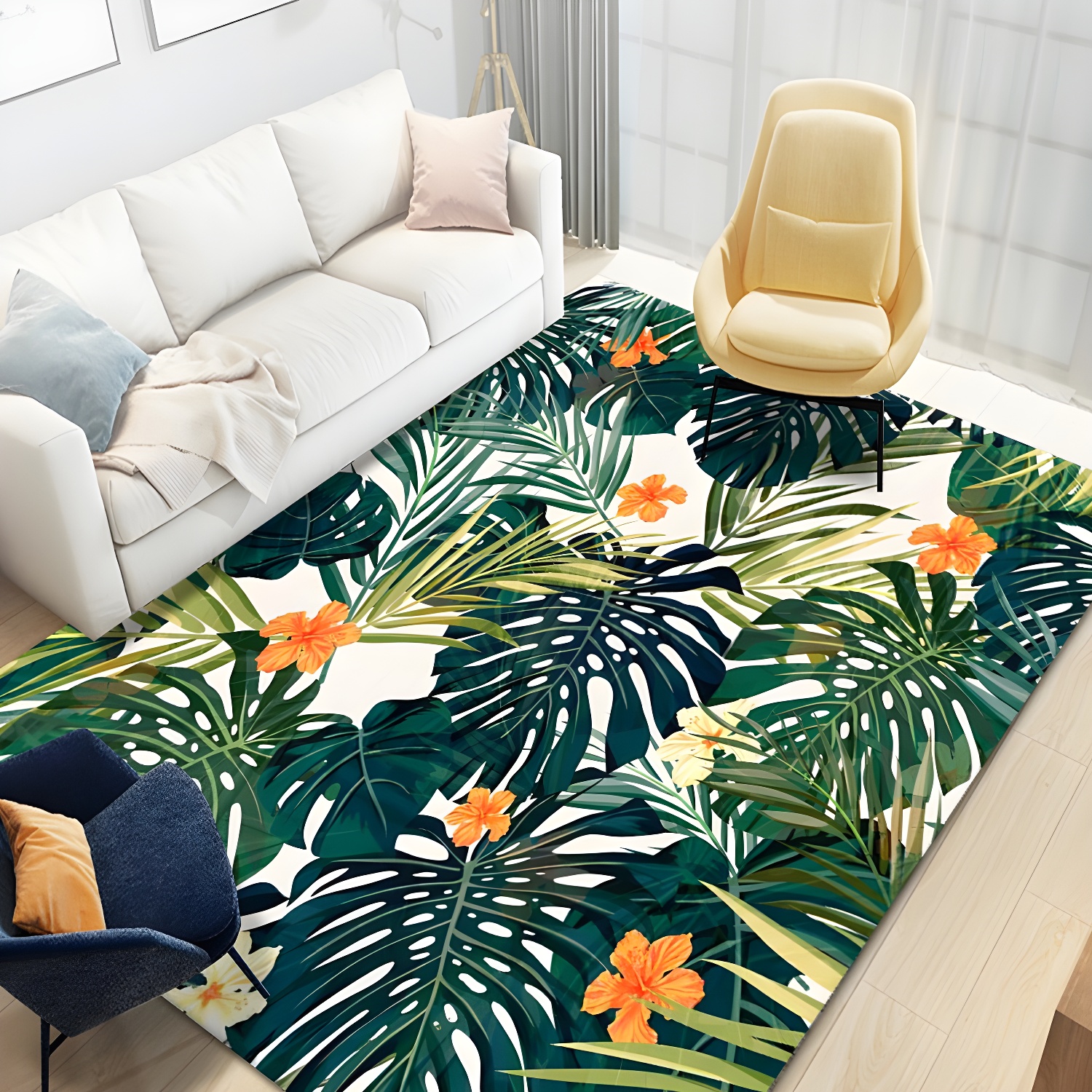 Modern Tropical Area Rug Simple Leaves Pattern Carpet Polyester Friendly Washable Rug for Living Room