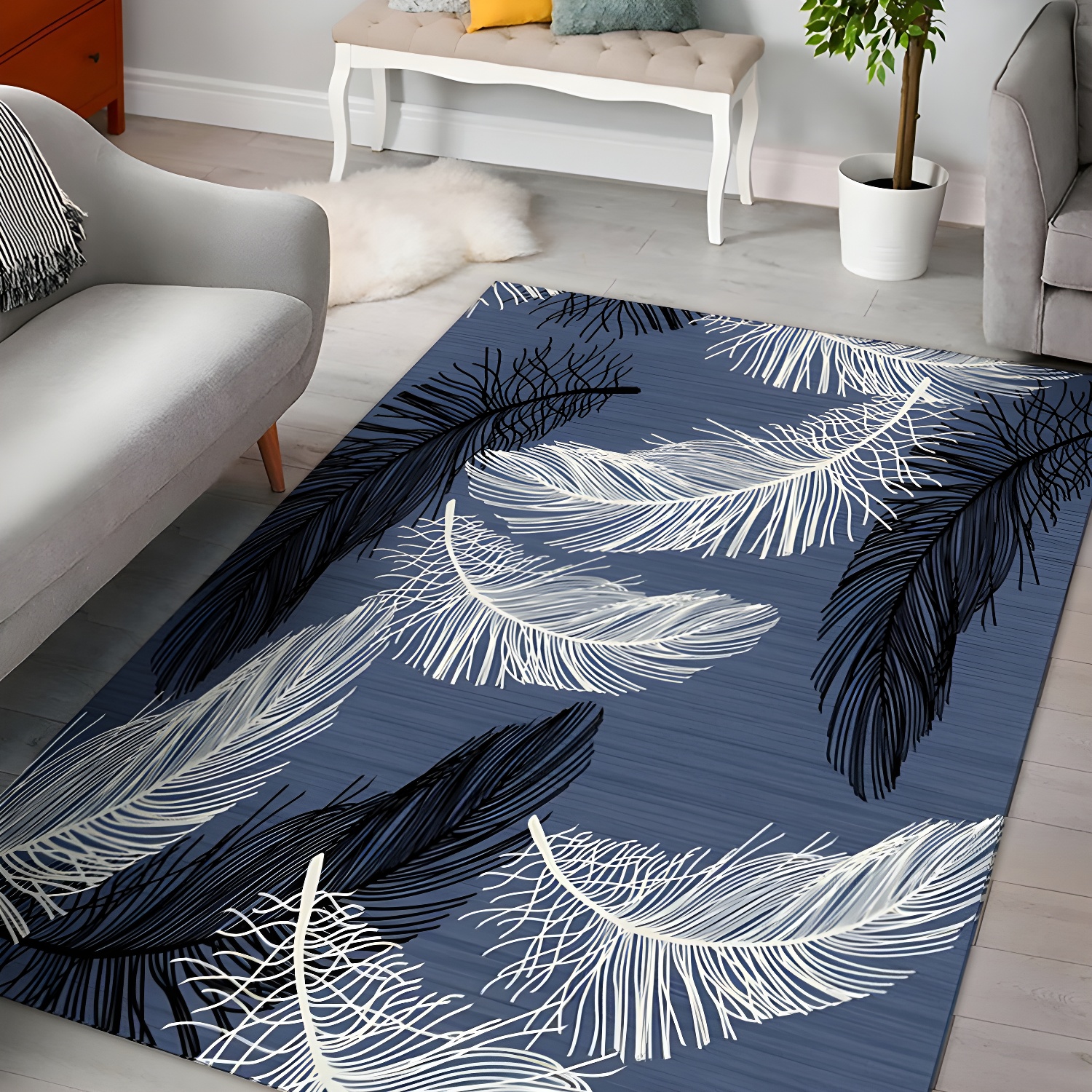 Trendy Feather Pattern Rug Contemporary Comfort Indoor Carpet Polyester Stain Resistant Rug for Living Room