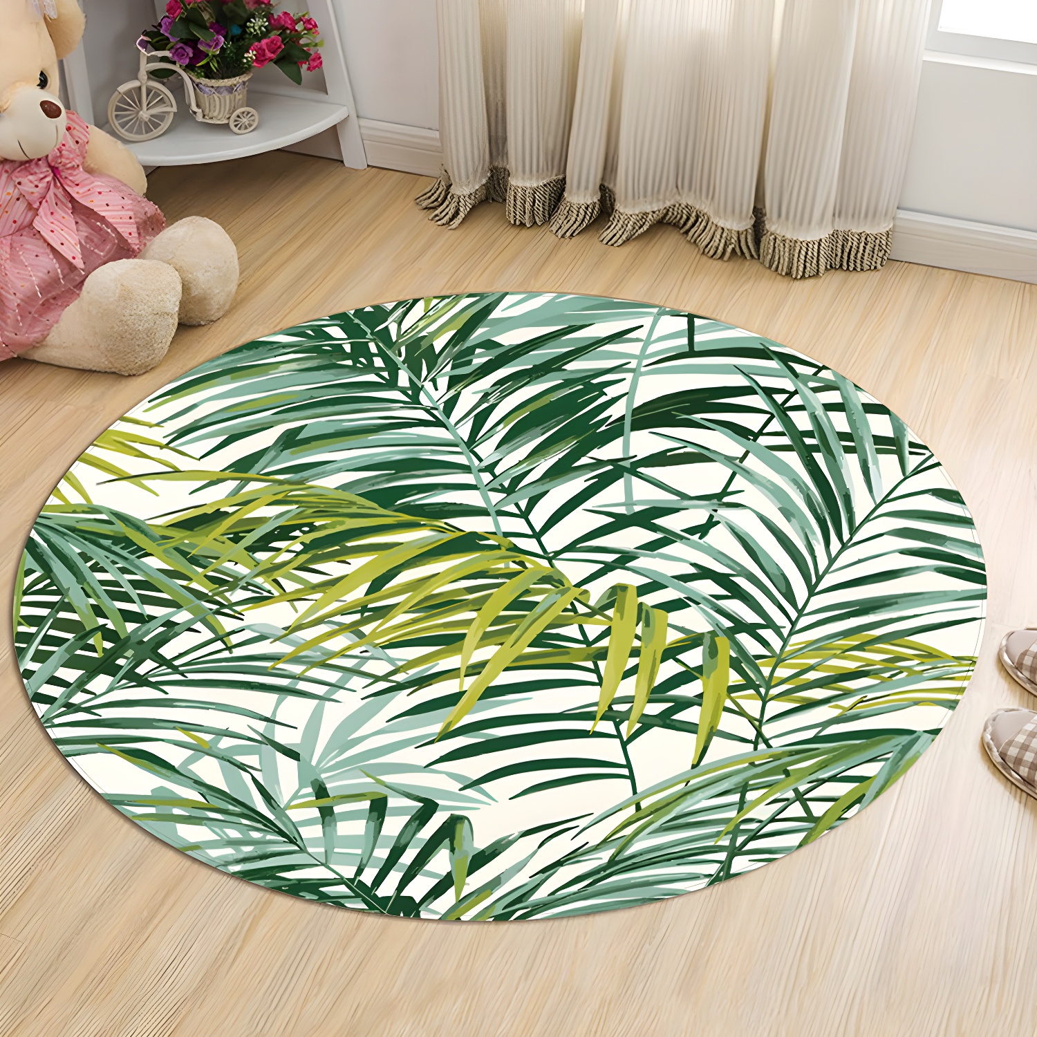 Round Green Tone Tropical Indoor Rug Polyester Leaves Print Rug Non-Slip Backing Indoor Rug for Living Room