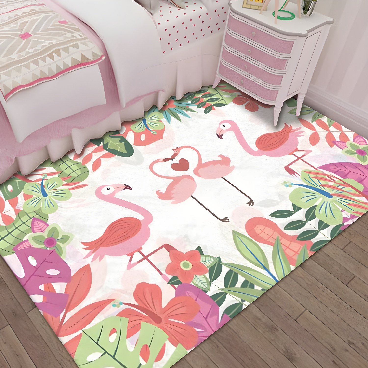 Comfort Contemporary Bedroom Rug Pink Animals Pattern Kids Rug Polyester Washable Non-Slip Backing Rug for Home Decor