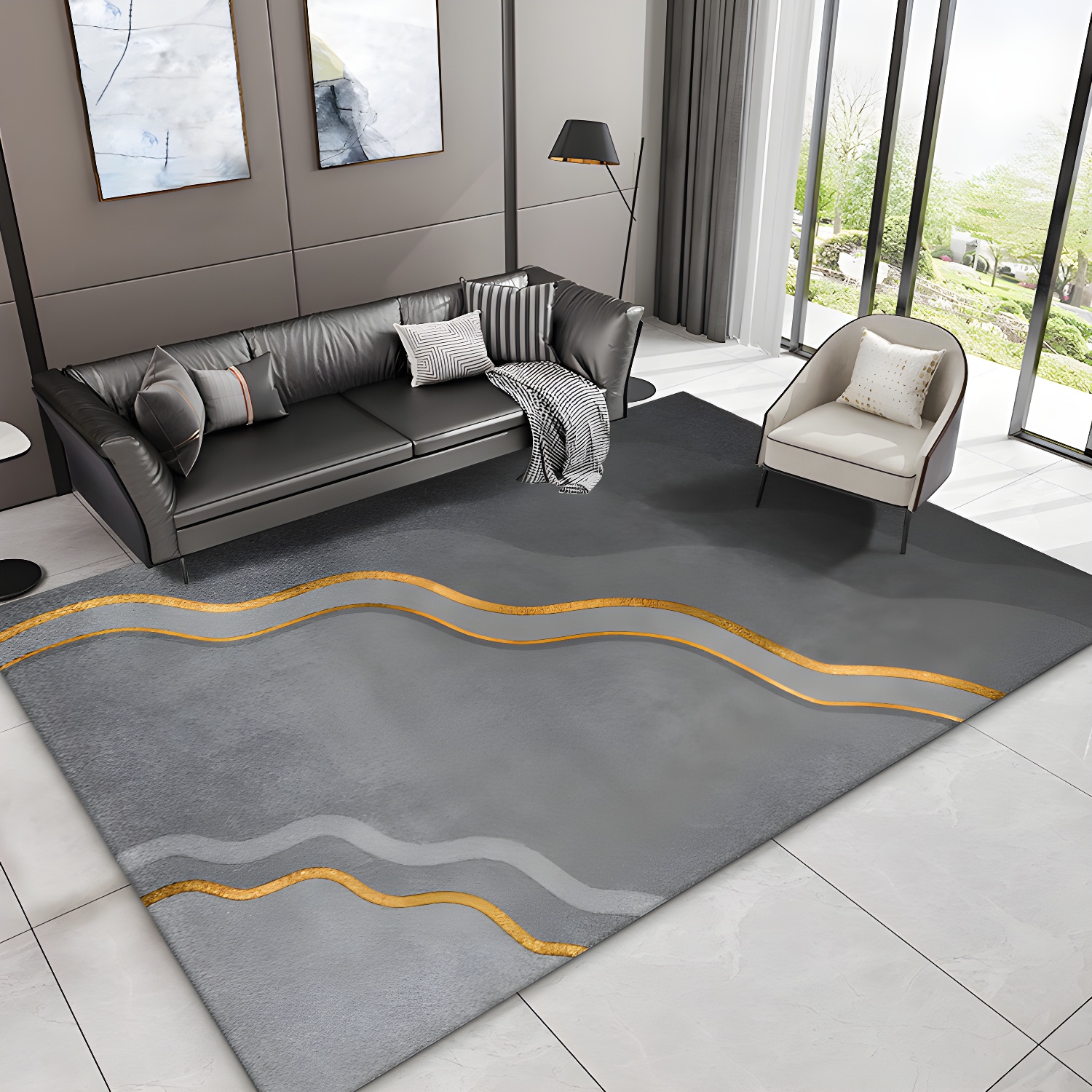Simple Grey Tone Luxury Rug Polyester Geometric Splicing Pattern Area Rug Non-Slip Backing Carpet for Living Room