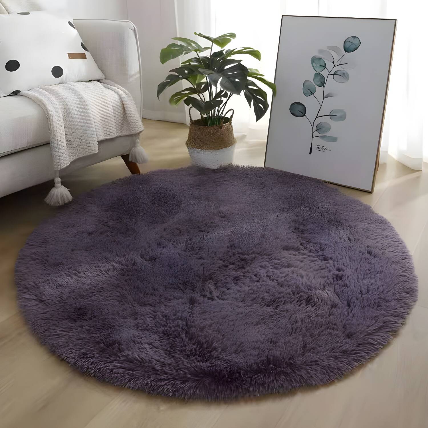 Natural Plain Round Area Rug Multi-Colour Modern Shag Indoor Carpet Polyester Easy Care Stain Resistant Carpet for Living Room