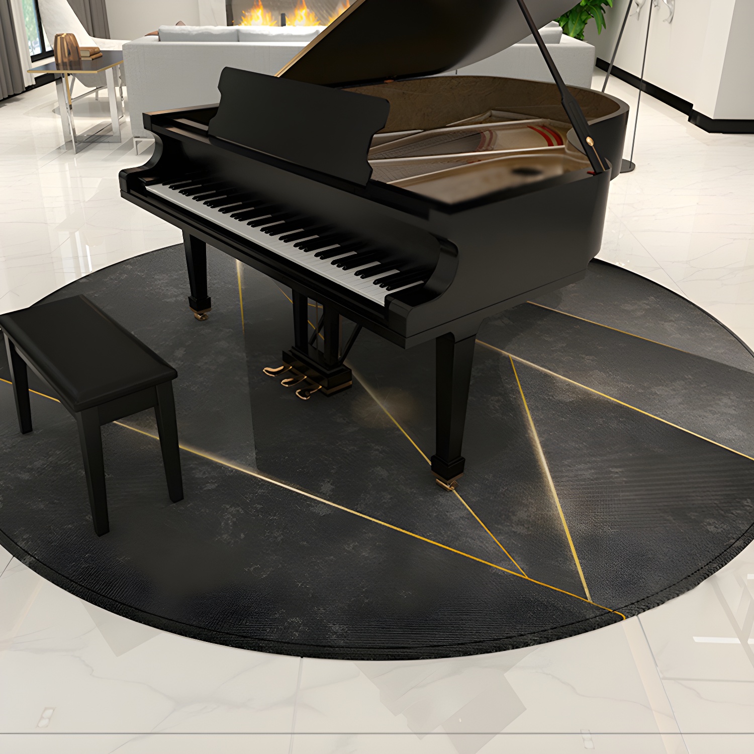 Round Black Tone Casual Indoor Rug Polyester Lines Print Rug Non-Slip Backing Indoor Rug for Living Room