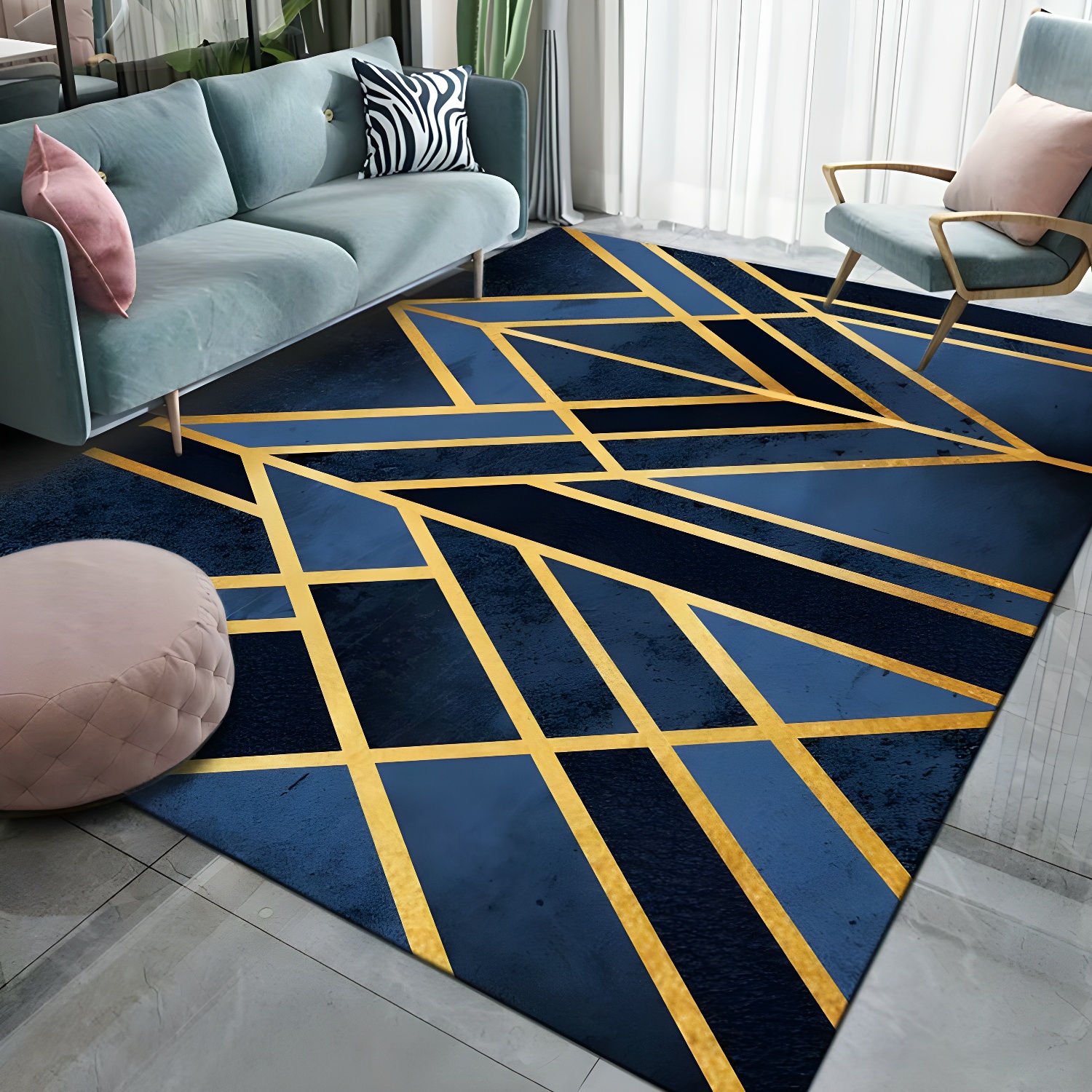 Trendy Blue and Green Rug Contemporary Geometric Pattern Area Carpet Luxury Polyester Stain Resistant Rug for Home Decor