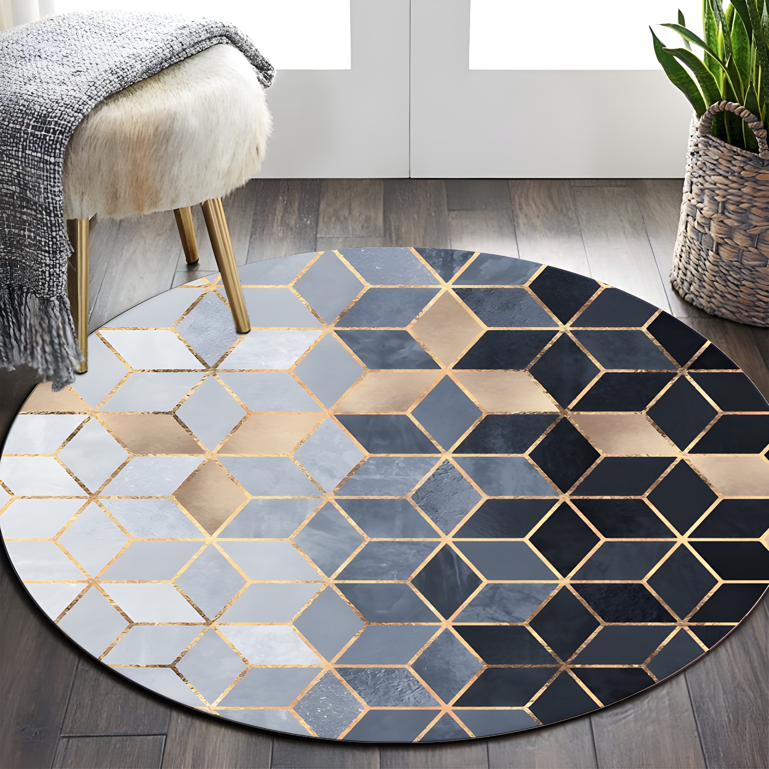 Individuality Modern Indoor Rug Creative Geometry Printed Carpet Round Polyester Washable Rug for Home Decoration