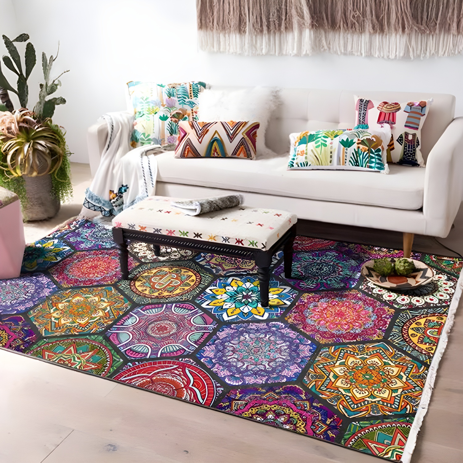 Multicolour Home Decoration Carpet Retro Moroccan Tile Area Rug Polyester with Non-Slip Backing Rug