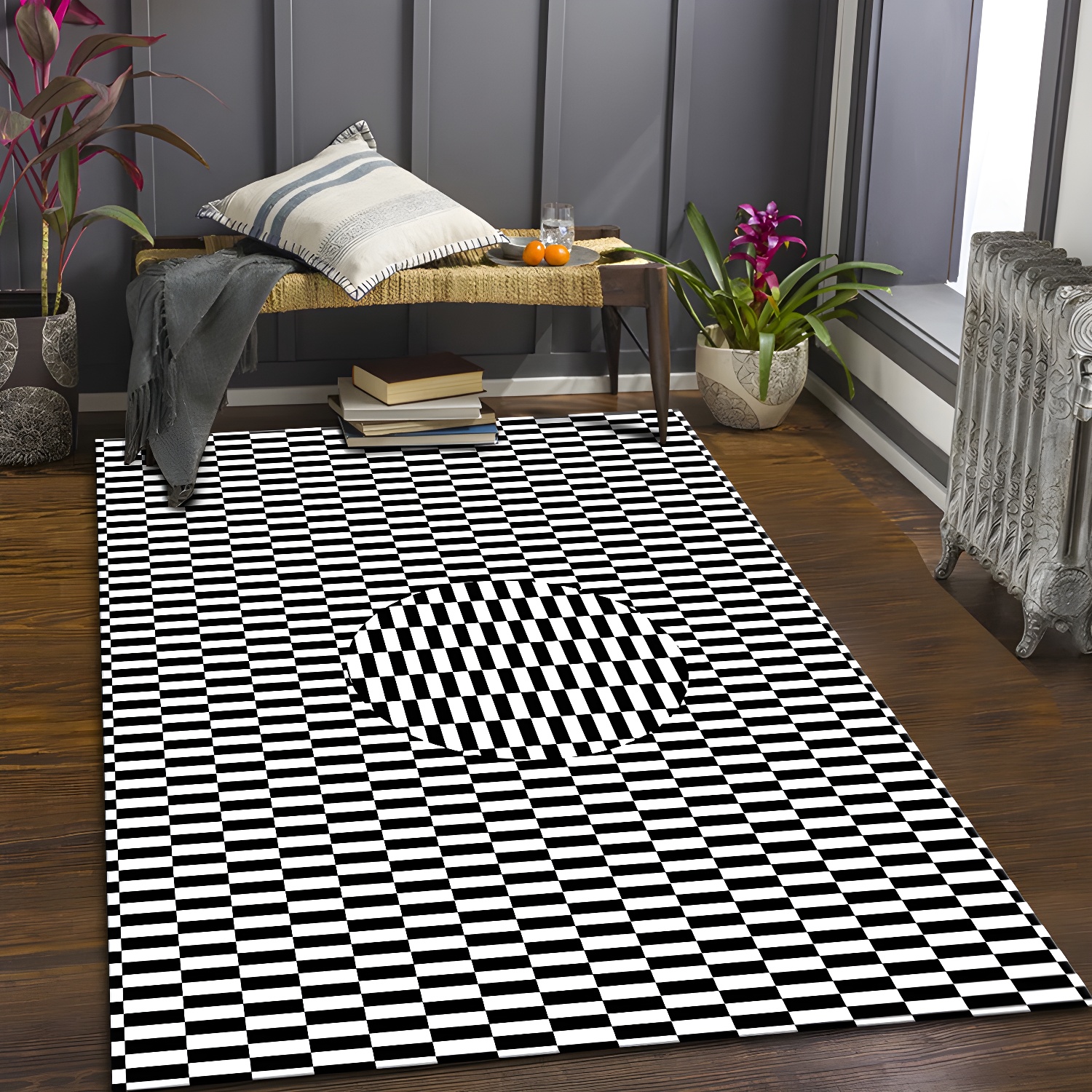 Simple Checkerboard Design Rug Trendy Polyester Carpet Non-Slip Backing Carpet for Home Decoration