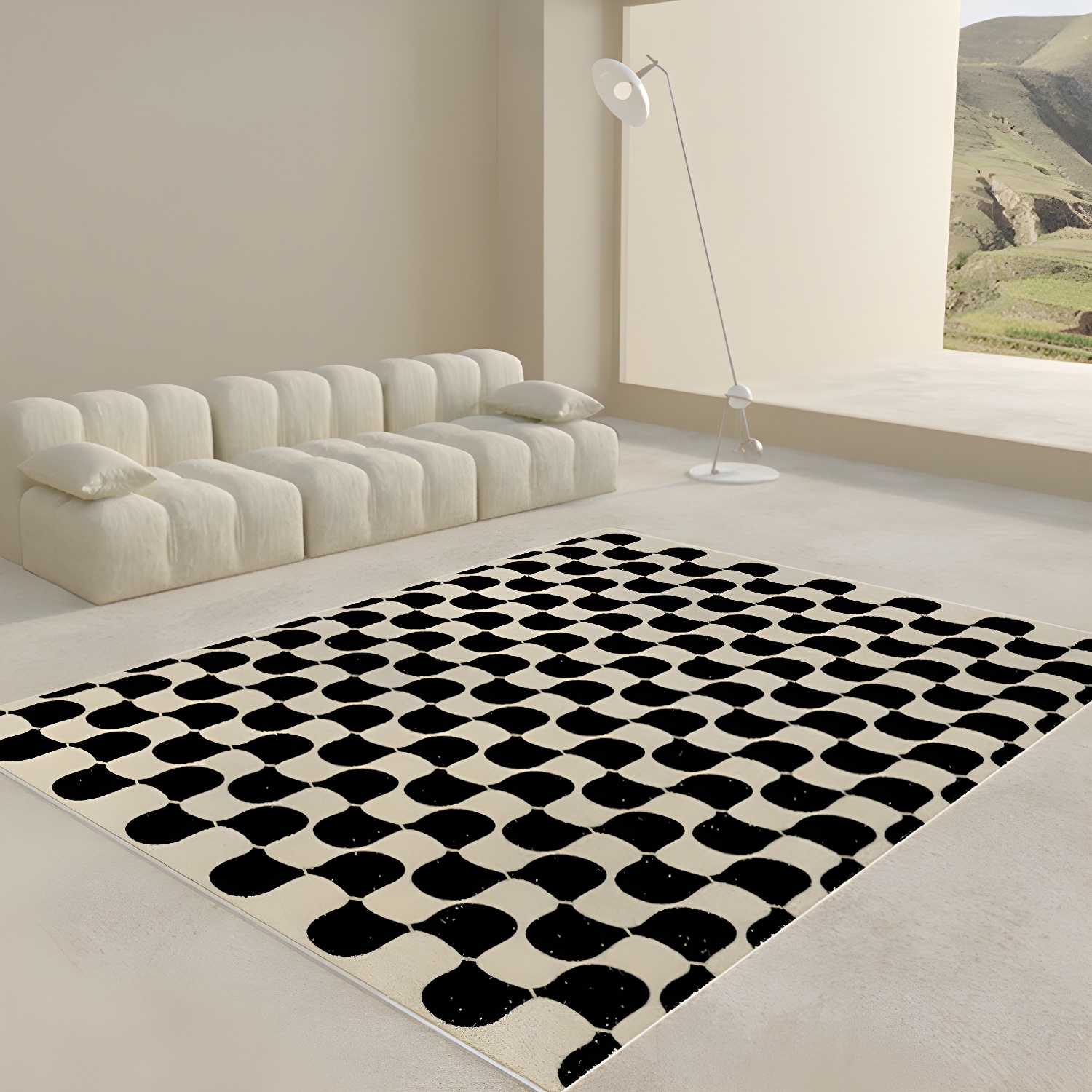 Simple Solid Colour Modern Rug Polyester Gingham Pattern Area Rug Non-Slip Backing Carpet for Bedroom