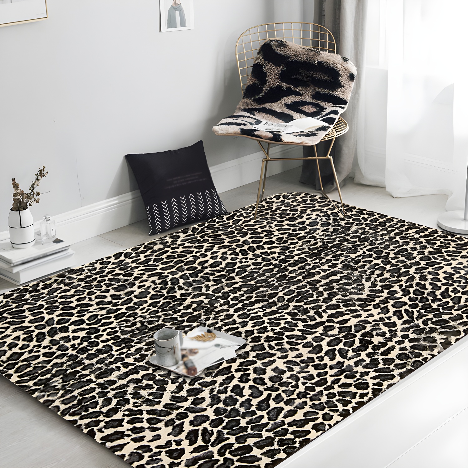 Brown Funky Indoor Rug Simple Leopard Printed Carpet Polyester Washable Area Rug for Living Room