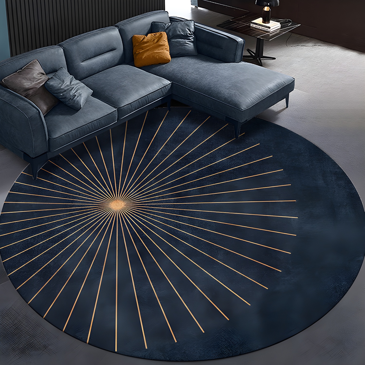 Luxurious Blue Area Rug Modern Lines Design Carpet Non-Slip Backing Round Rug for Home Decoration