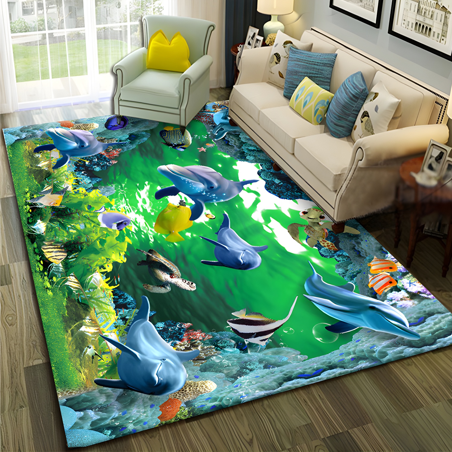 Vivid 3D Effect Rug Fish Pattern Indoor Rug Multi-Colour Anti-Slip Backing Carpet for Living Room