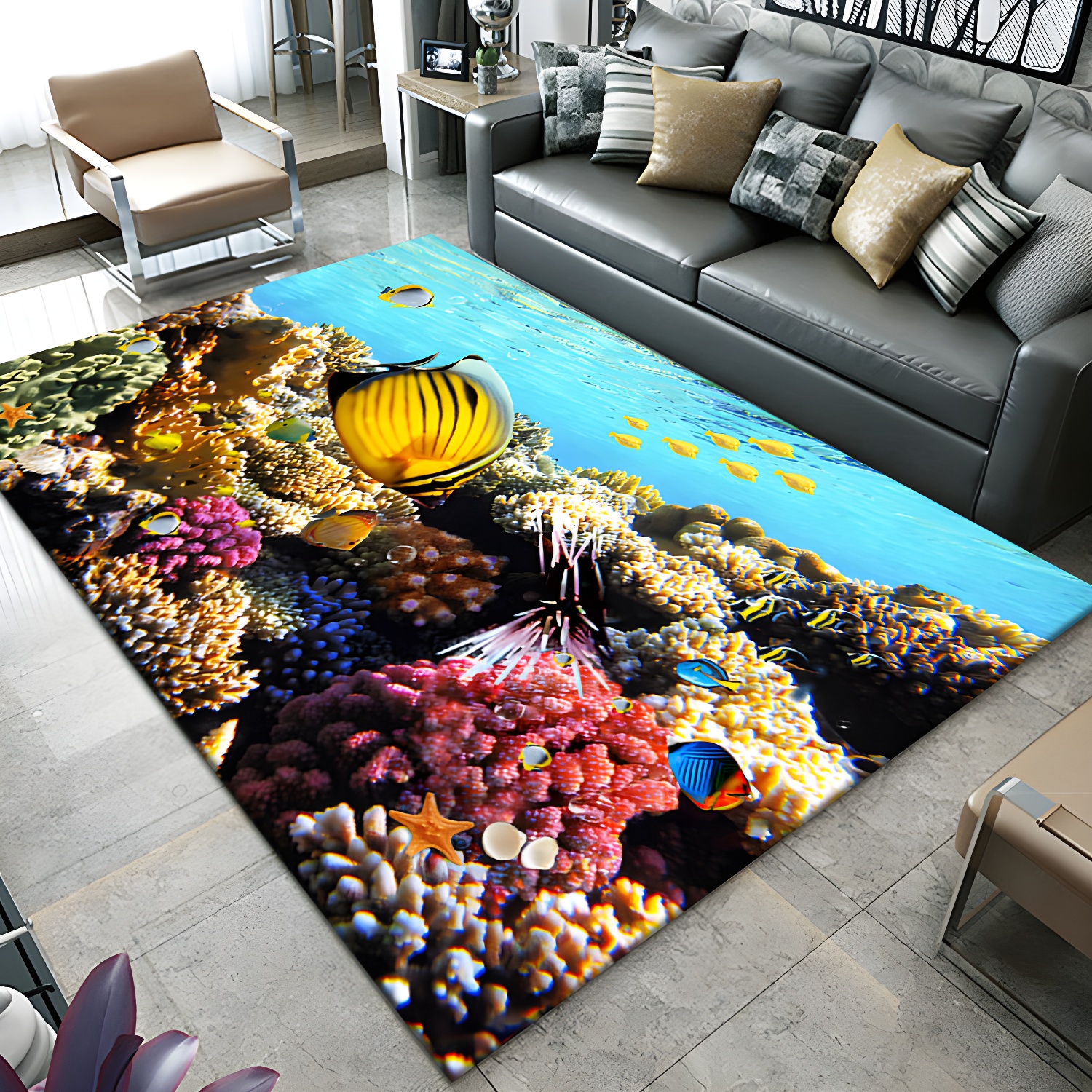 Blue Tone 3D Shark Pattern Carpet Funky Polyster Carpet Stain Resistant Rug for Living Room