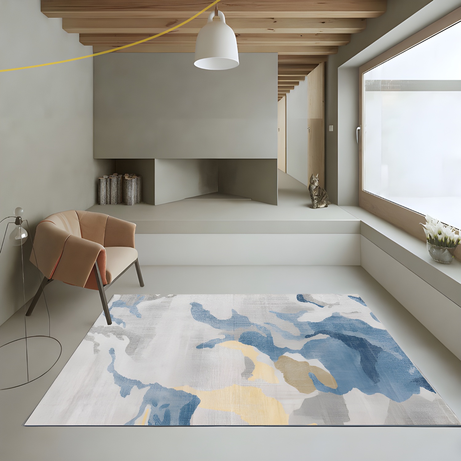White Tone Nordic Area Carpet Polyester Colour Blooming Rug Non-Slip Backing ​Carpet for Home Decor