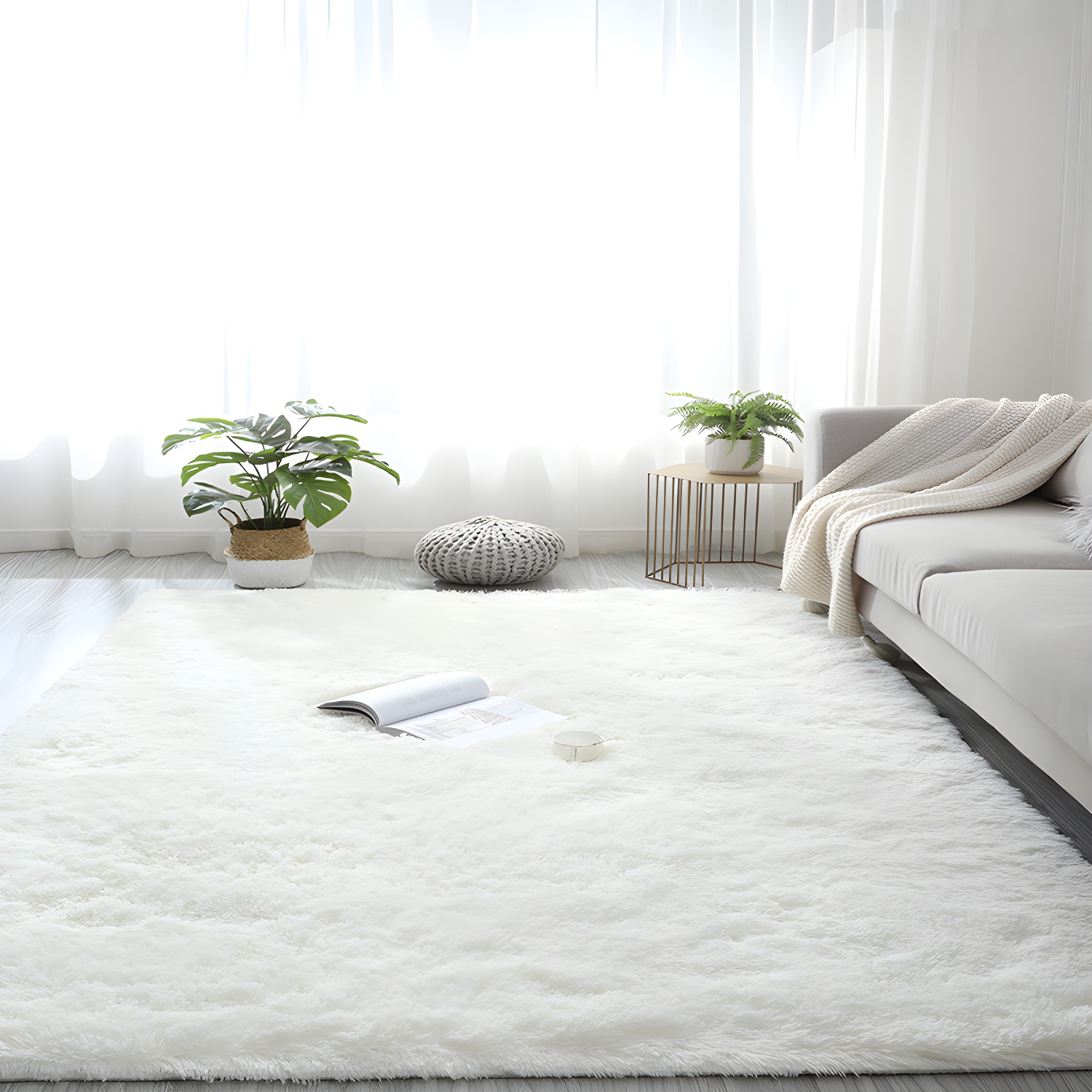 Simplicity Plain Living Room Carpet Modern Carpet Polyester Shag Rug with Non-Slip Backing