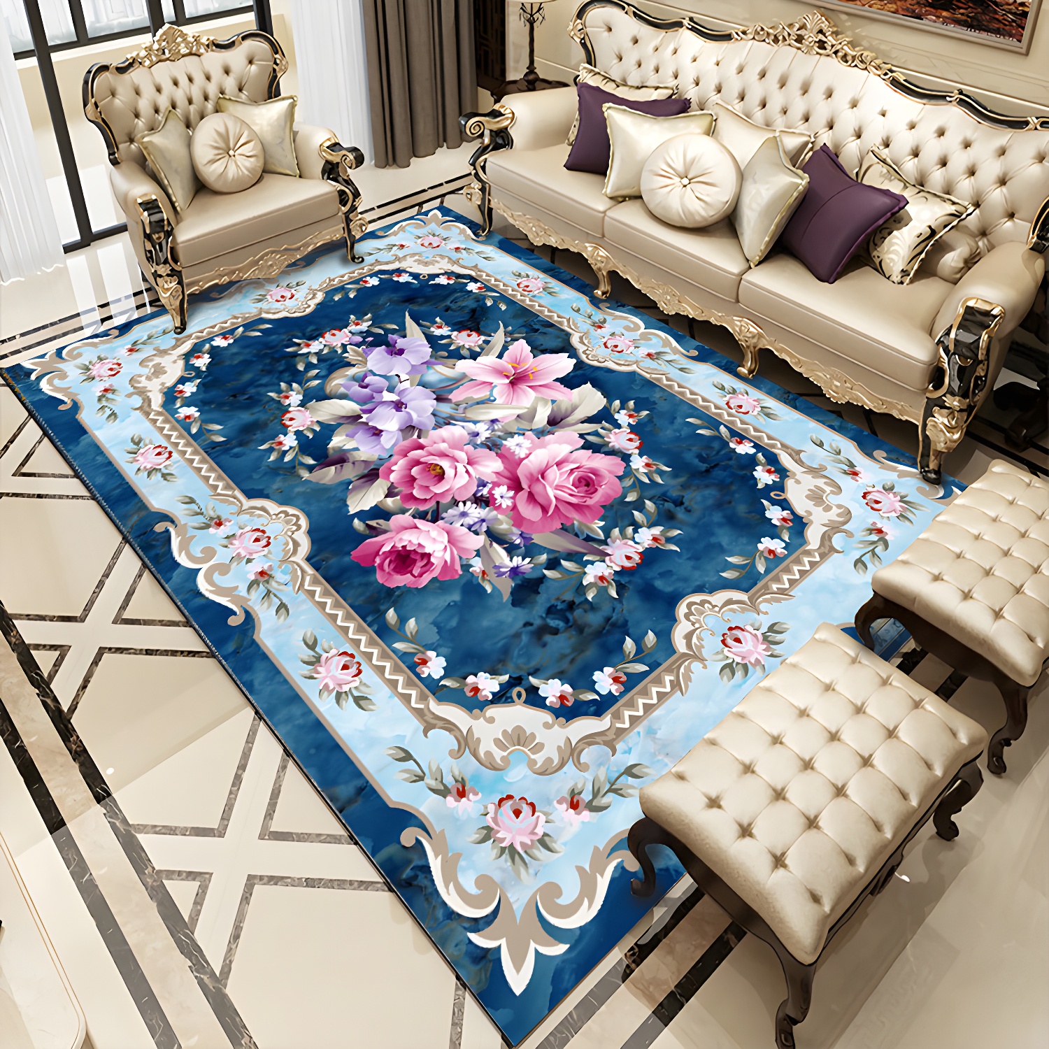 Luxurious Marble Surface Rug Contemporary Polyester Rug Easy Care Washable Carpet for Home Decor