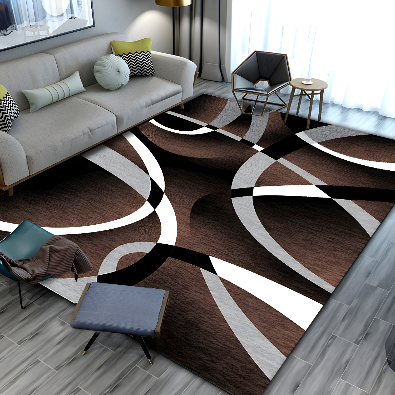 Black Modern Carpet Polyester Geometric Indoor Rug Non-Slip Backing for Living Room