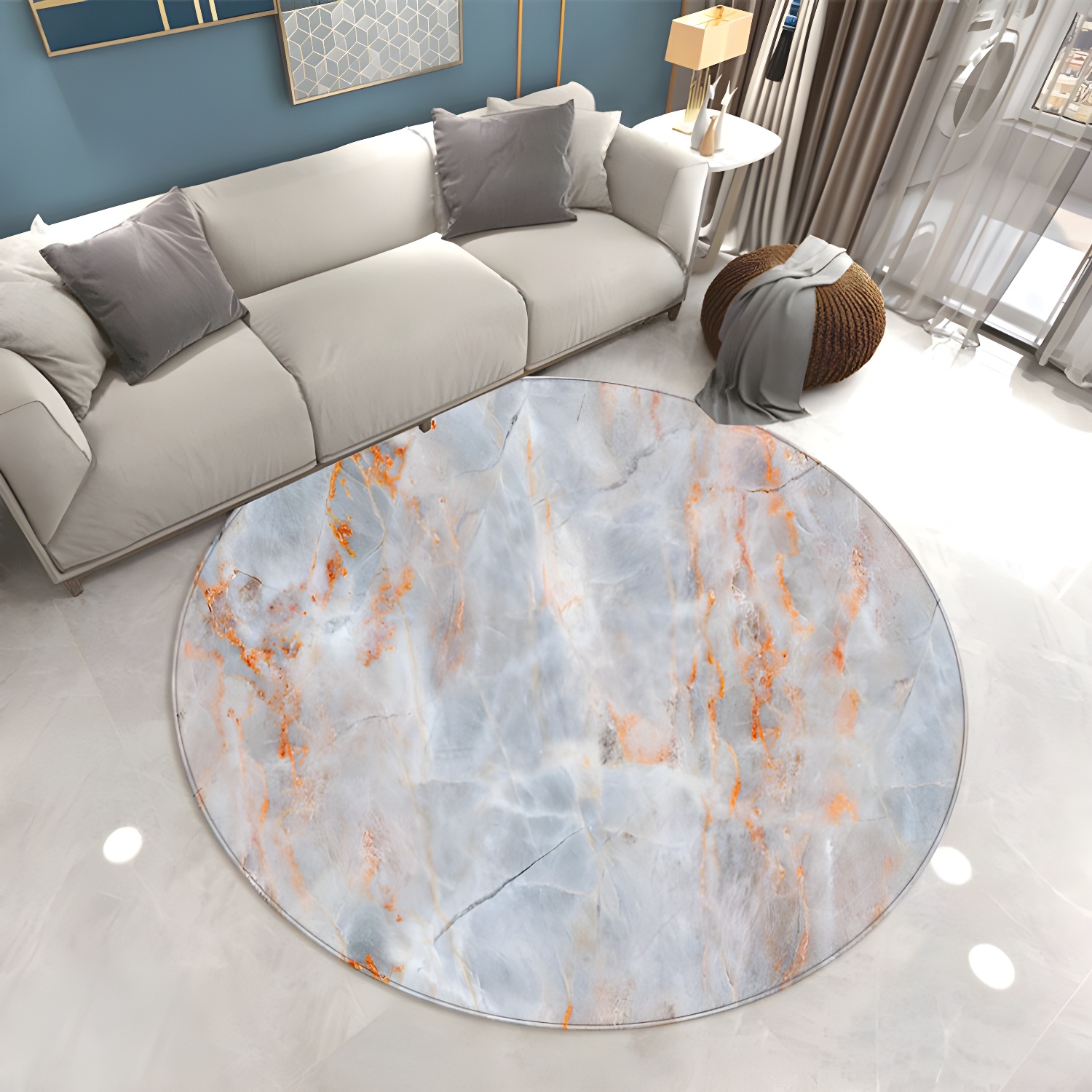 Round Gorgeous Carpet Simple Marble Print Indoor Rug Polyester Stain Resistant Carpet for Home Decor