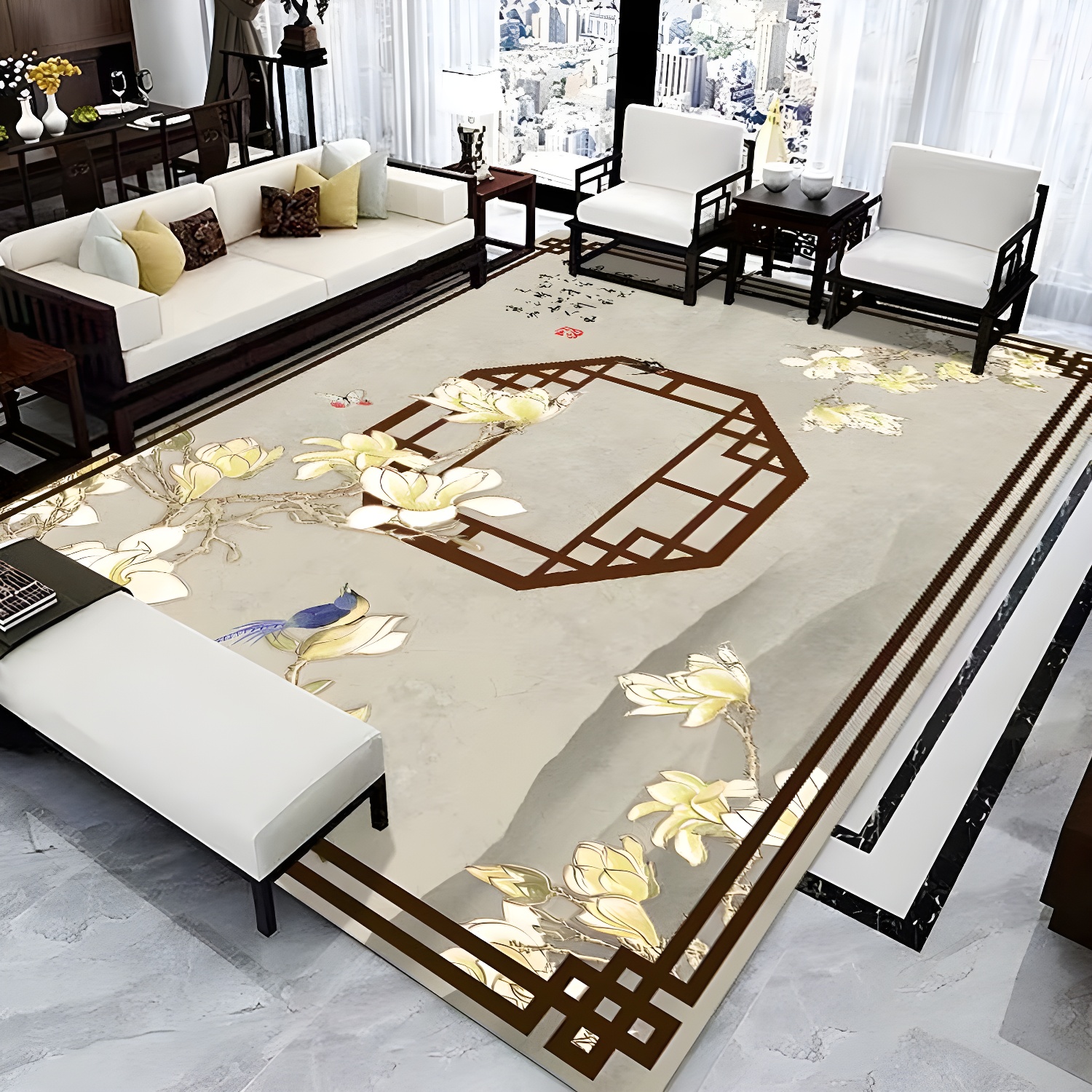 Chinese Style Carpet Branch Pattern Washable Rug Polyester Living Room Carpet with Non-Slip Backing