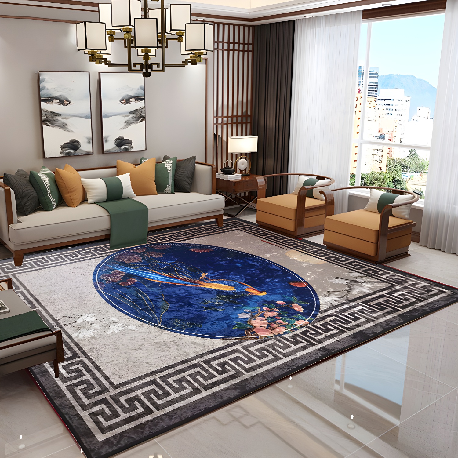 Oriental Area Rug Asian Chinese Style Printed Carpet Stain Resistant Polyester Rug for Living Room