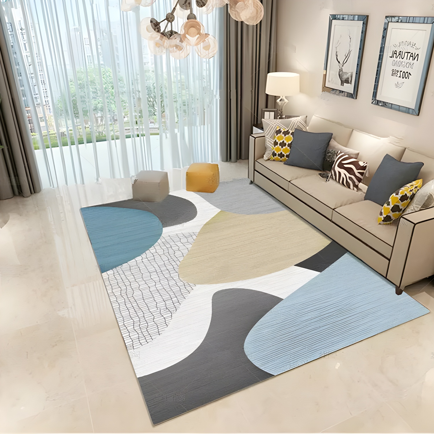 Navy Modern Area Carpet Geometric Pattern Polyester Area Rug Non-Slip Backing Rug for Living Room