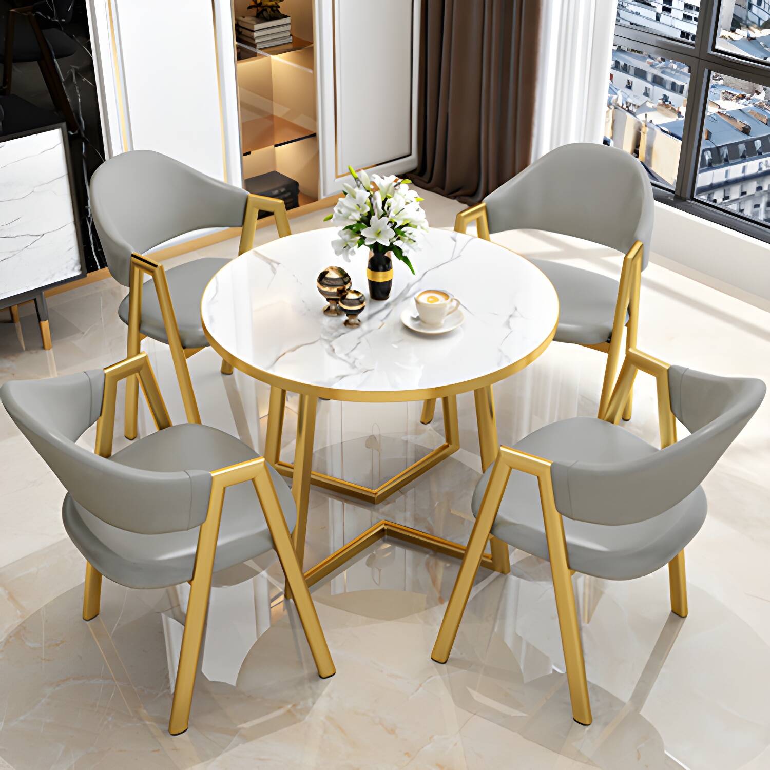 Round Standard Laminated Faux Marble Dining Set with Gold Metallic Legs for Dining Furniture
