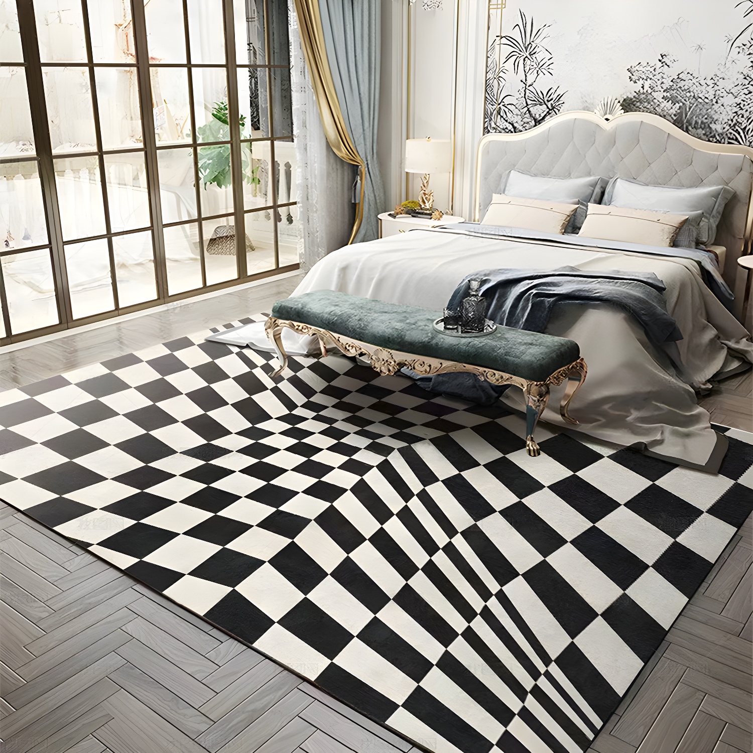 Fancy Modern Area Rug 3D Plaid Pattern Polyester Area Carpet Non-Slip Backing Rug for Home Decor