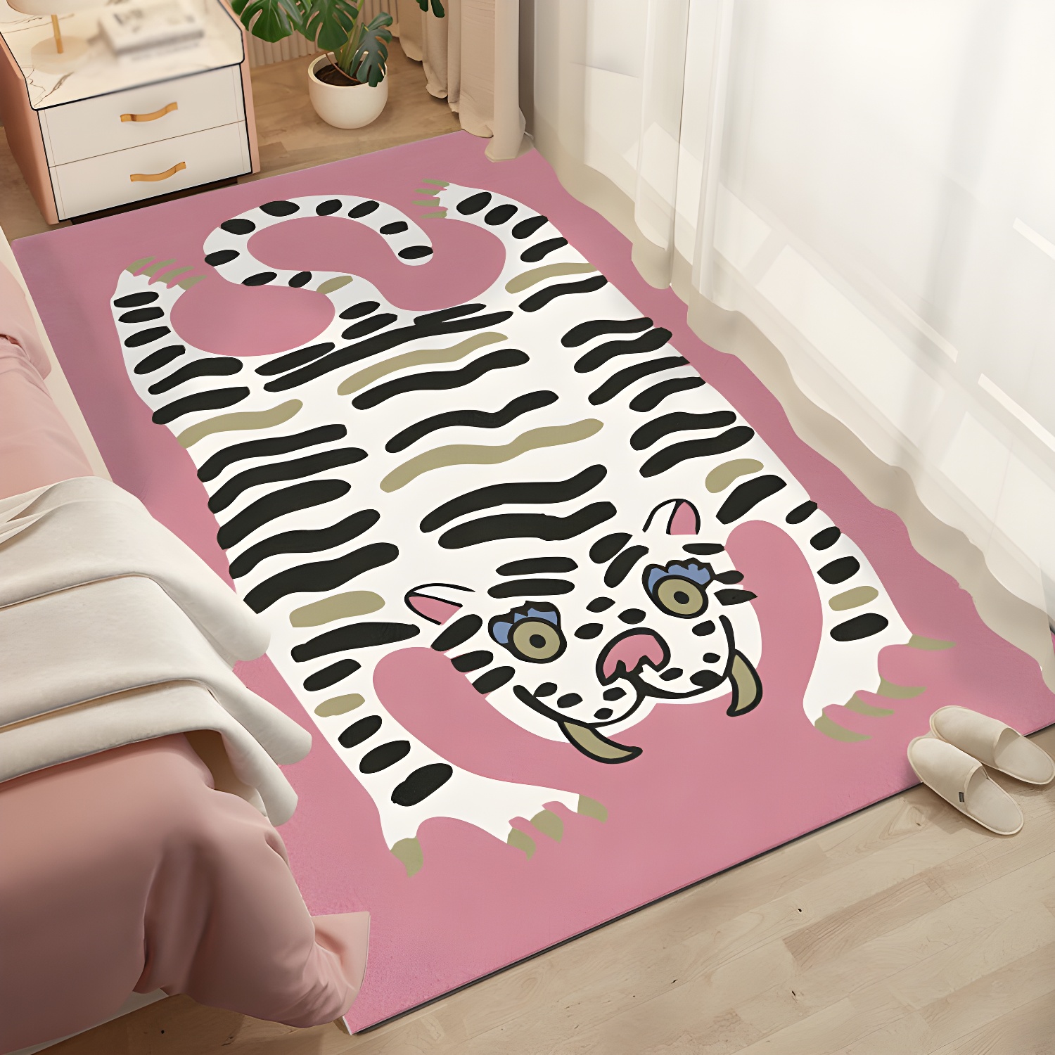 Pink Kid Area Carpet Tiger Pattern Polyester Area Rug Anti-Slip Backing Rug for Children's Room