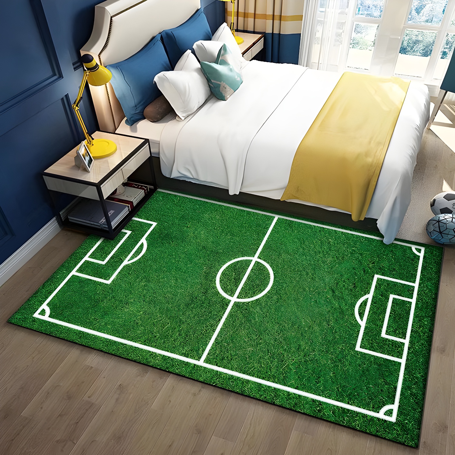 Stylish Football Field Pattern Area Rug Green Polyester Carpet Anti-Slip Rug for Children's Room