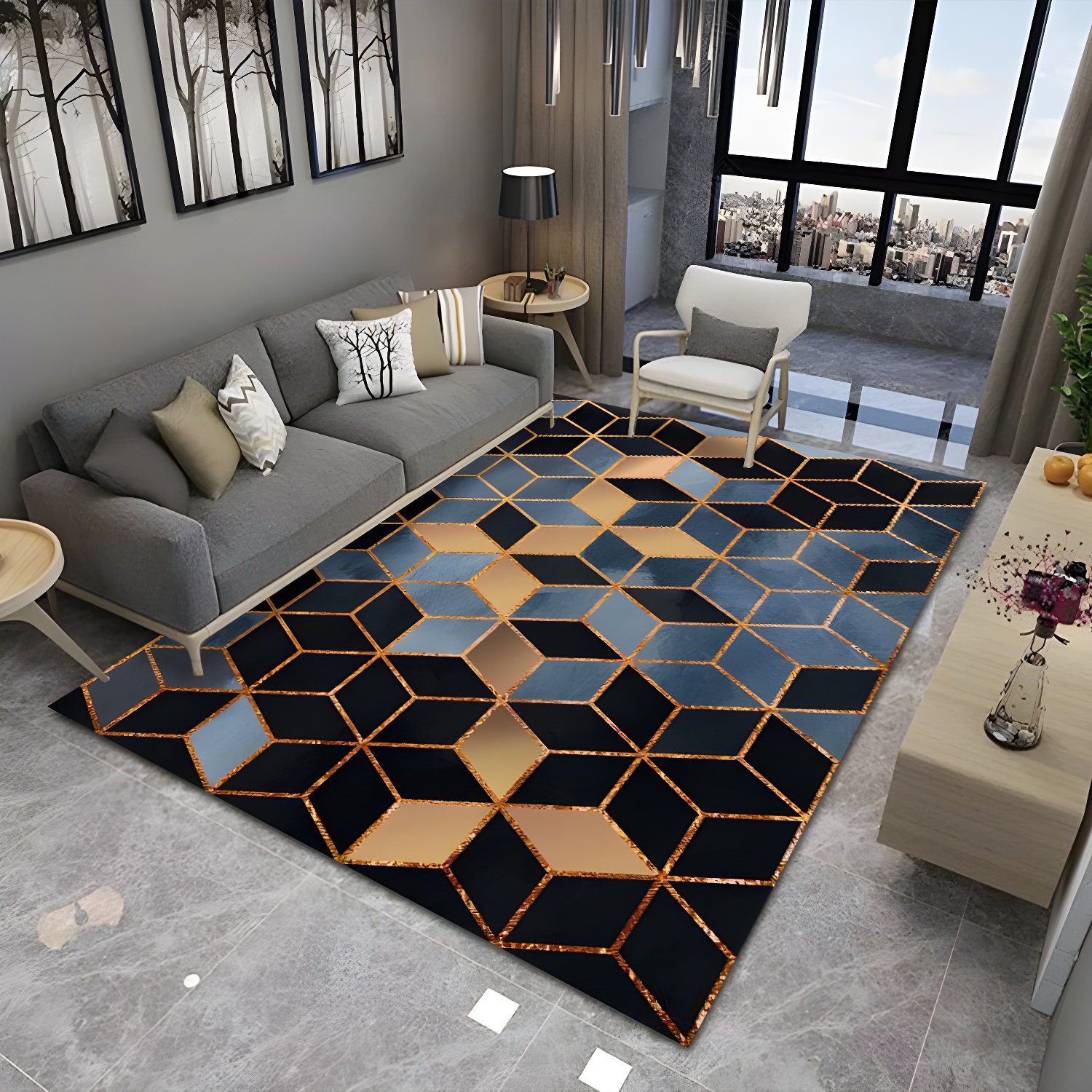 Modern Living Room Area Rug Geometric Print Polyester Area Carpet Stain Resistant Easy Care Rug