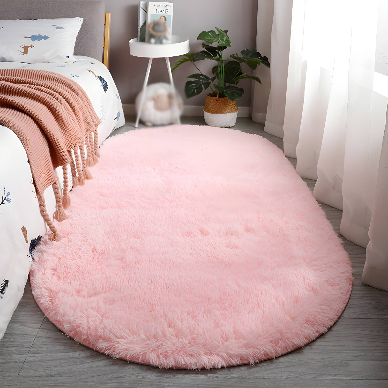 Oval Solid Rug Modern Shag Indoor Carpet Polyester Non-Slip Backing Area Rug for Adults Bedroom