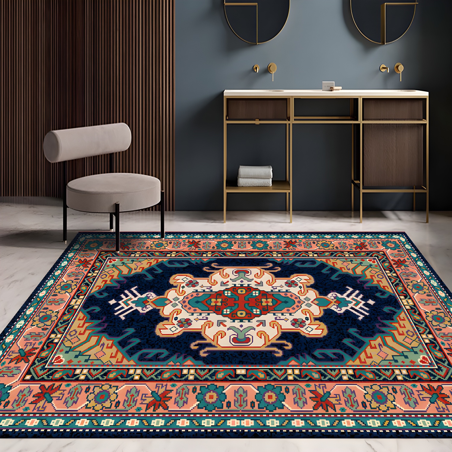 Traditional Border Pattern Rug Polyester Indoor Carpet Non-Slip Backing Area Rug for Living Room