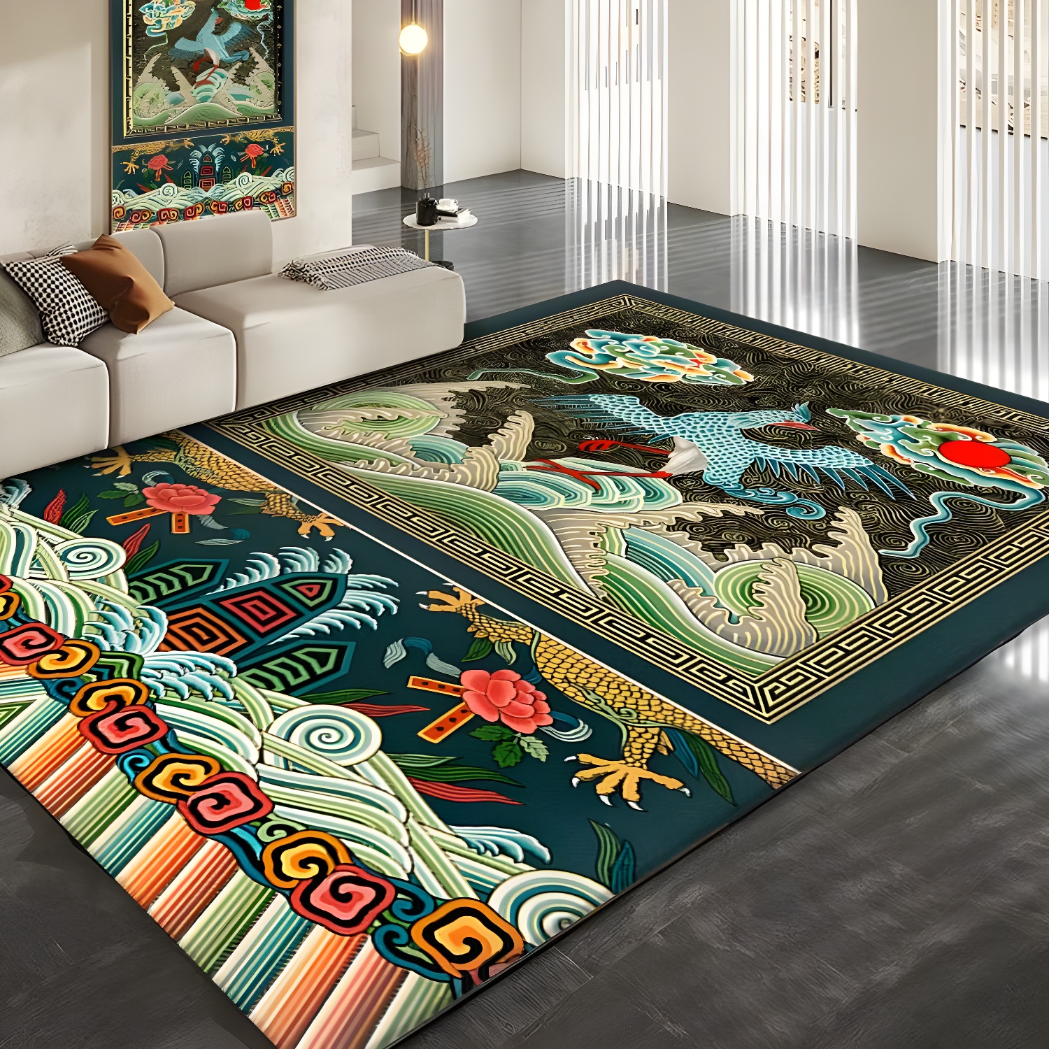 Oriental Crane Print Carpet Polyester Area Rug Non-Slip Backing Indoor Rug for Living Room