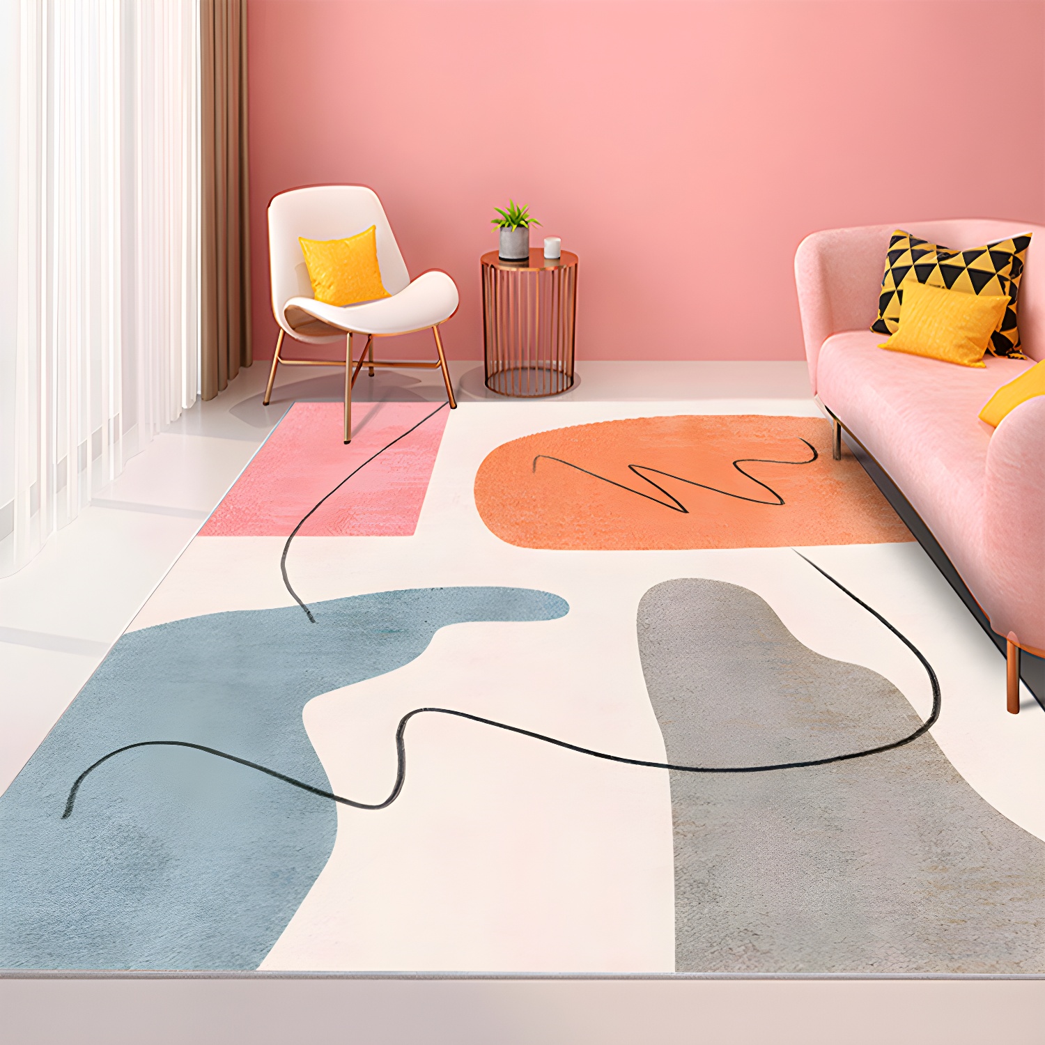 Nordic Colour Block Carpet Polyester Area Rug Non-Slip Backing Indoor Rug for Home Decoration