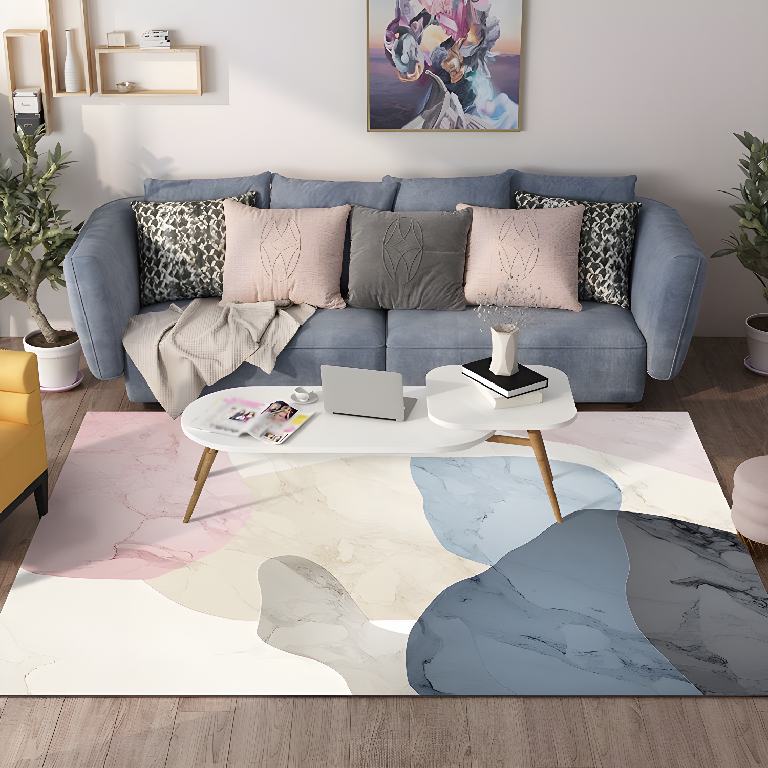 Modern Living Room Area Carpet Colour Block Polyester Area Rug Non-Slip Backing Rug for Home Decor