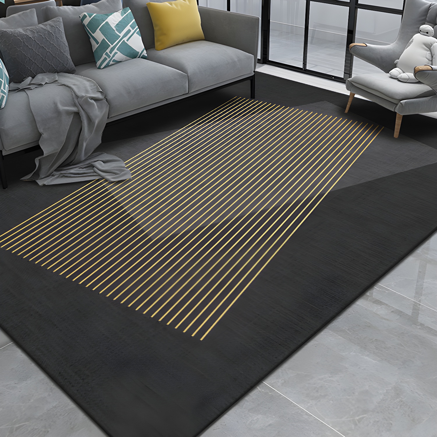 Black Modern Area Rug Line Pattern Polyester Area Carpet Stain Resistant Rug for Home Decor