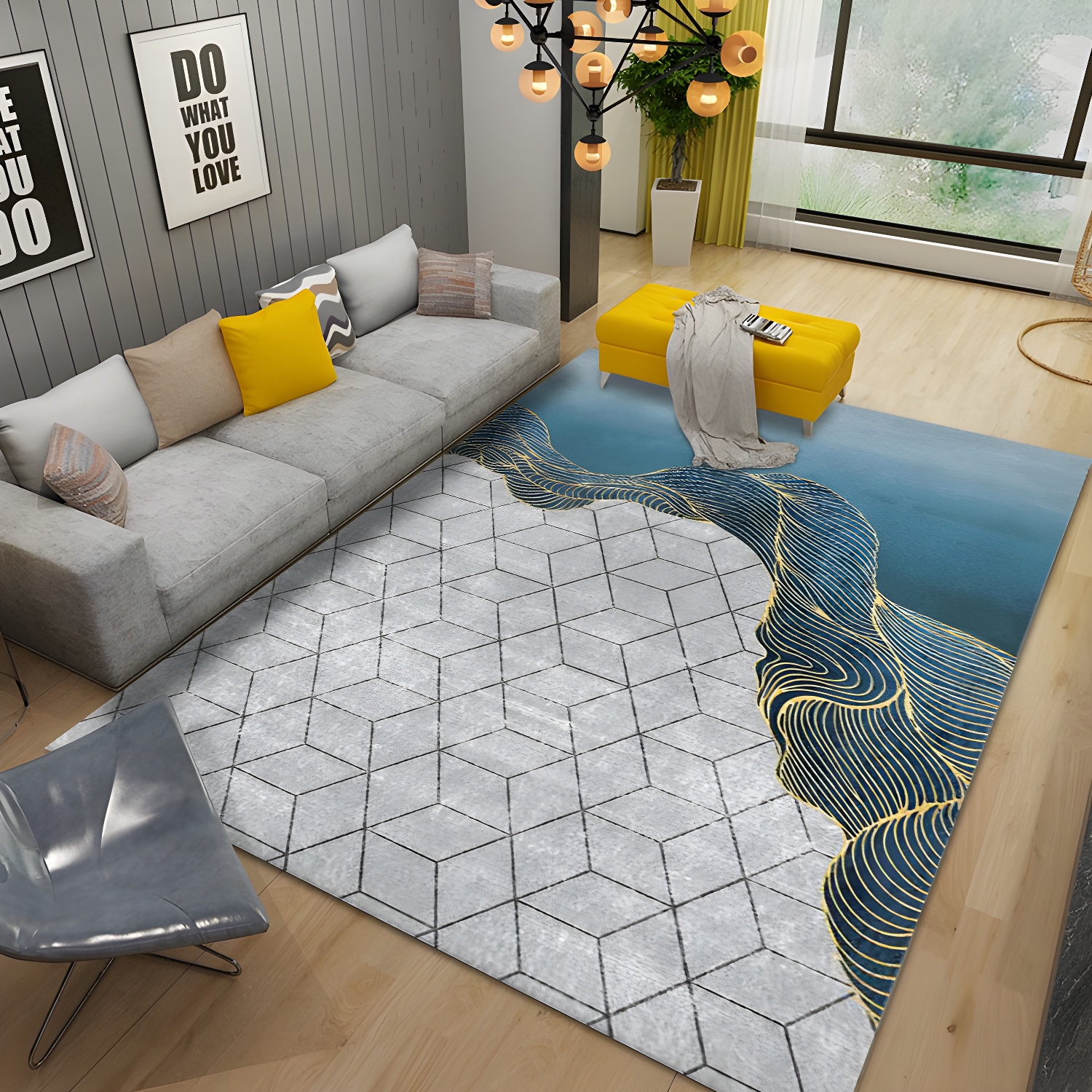 Gold Modern Rug Polyester Graphic Area Rug Non-Slip Backing Rug for Living Room