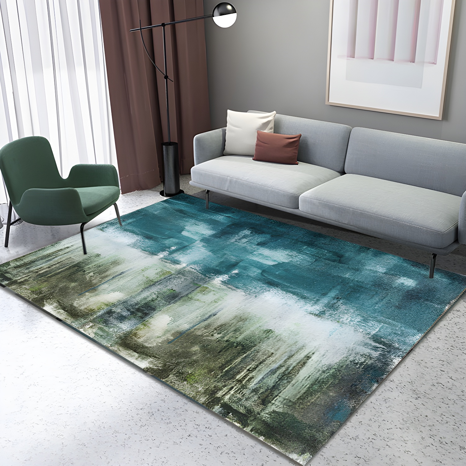 Industrial Watercolour Carpet Washable Indoor Rug Polyester Area Carpet with Non-Slip Backing