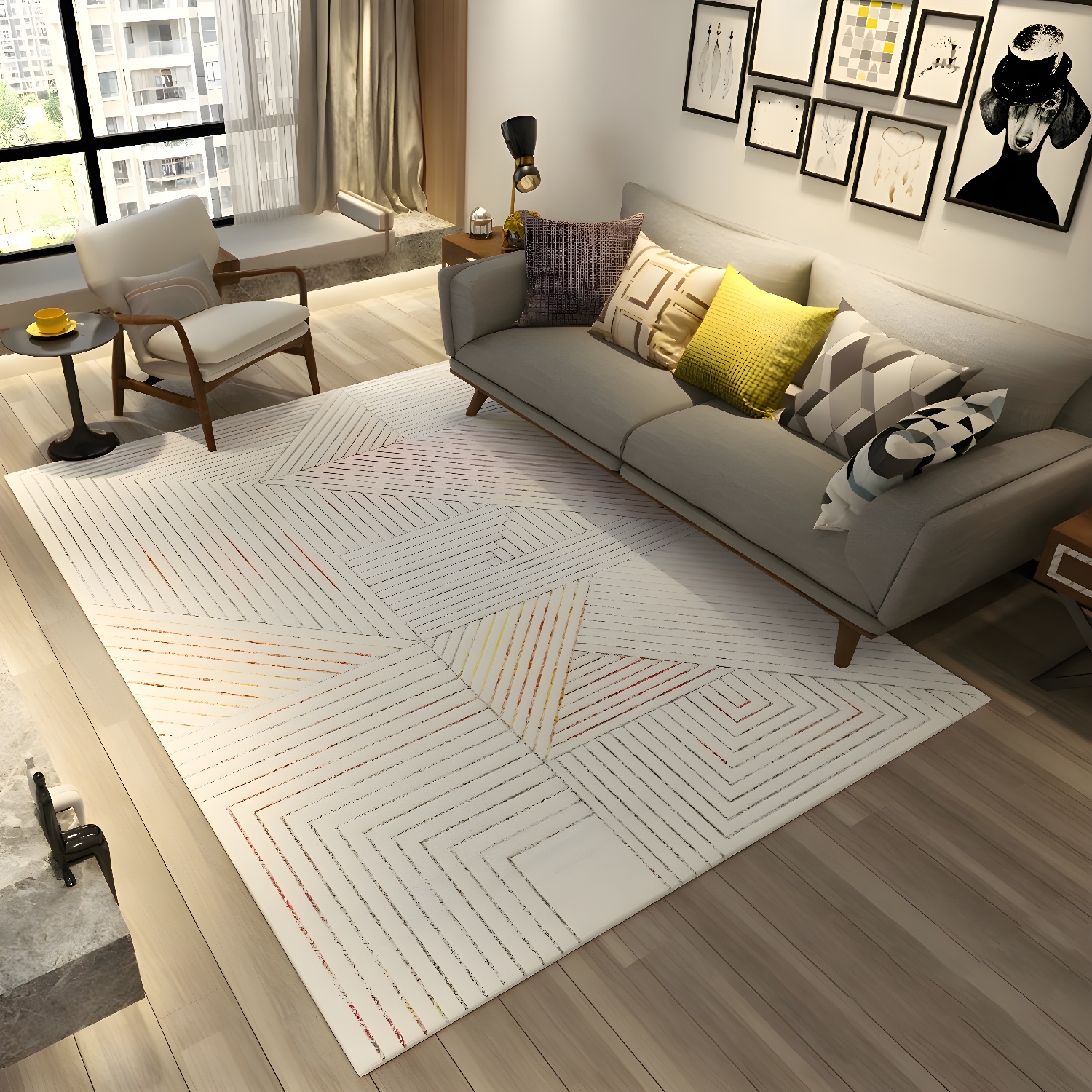 White Modern Area Rug Geometric Print Polyester Area Carpet Non-Slip Backing Rug for Home Decor