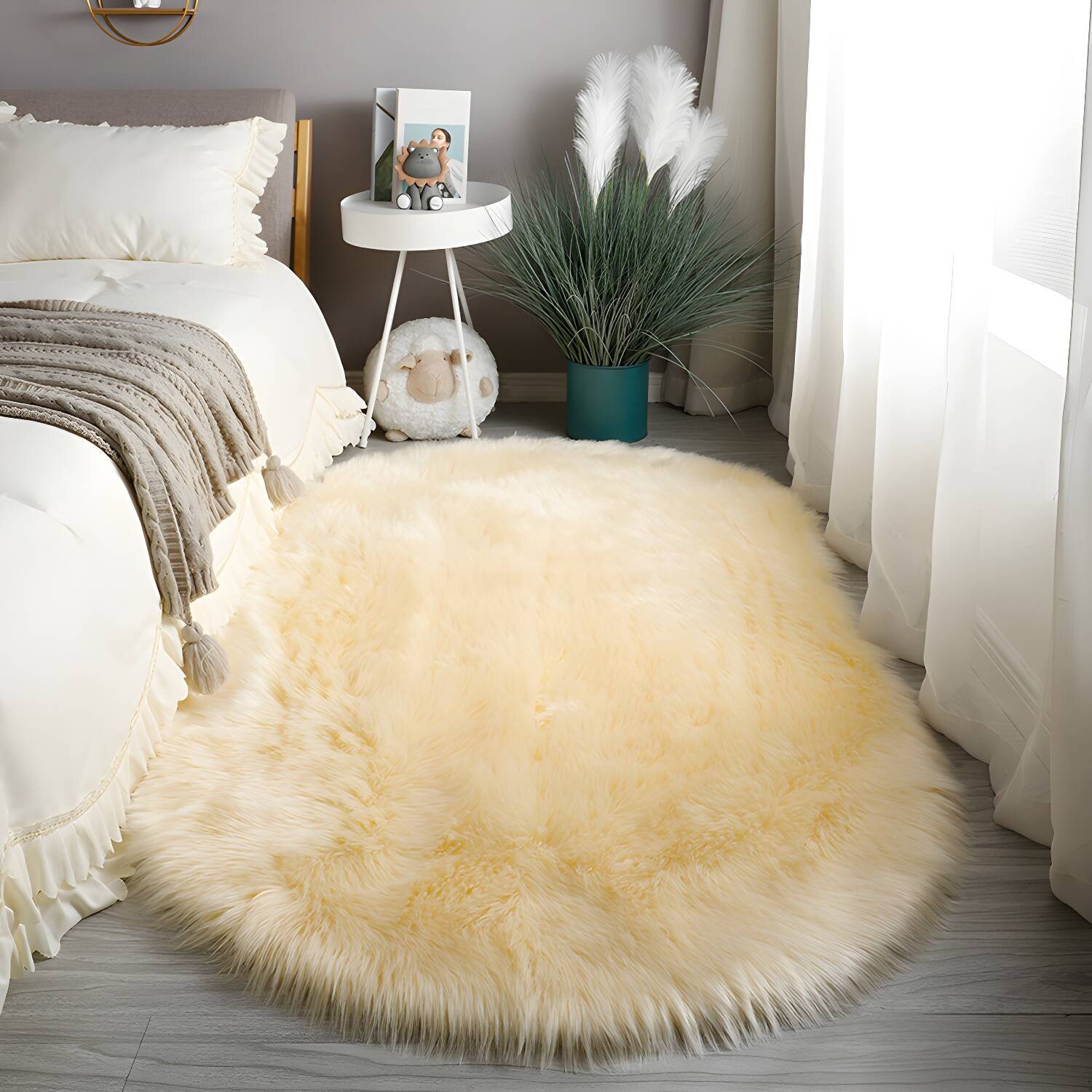 Oval Solid Shag Carpet Polyester Modern Indoor Rug Non-Slip Backing Area Rug for Adult's Bedroom