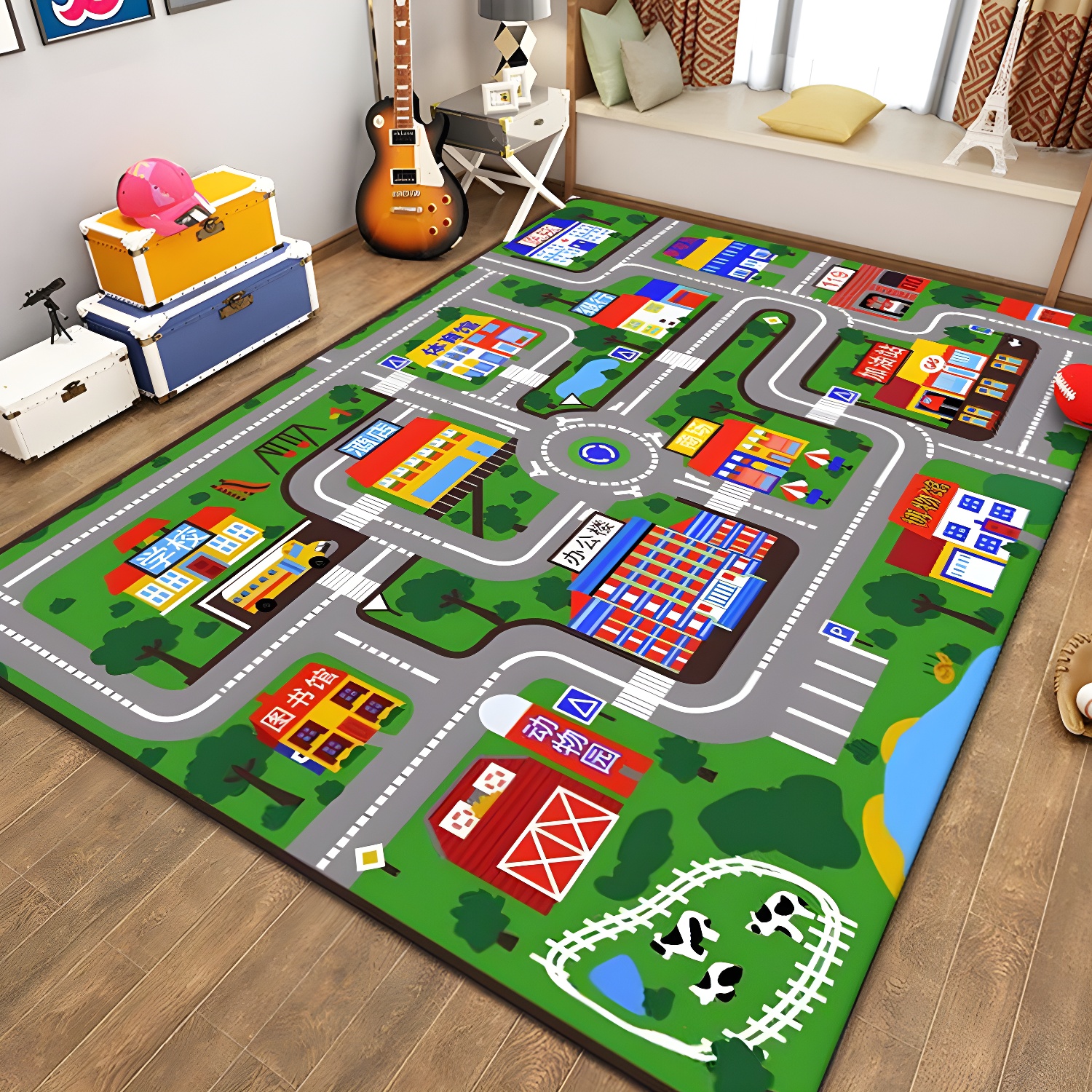 Green Kid Area Carpet Track Pattern Polyester Area Rug Anti-Slip Washable Rug for Children's Room
