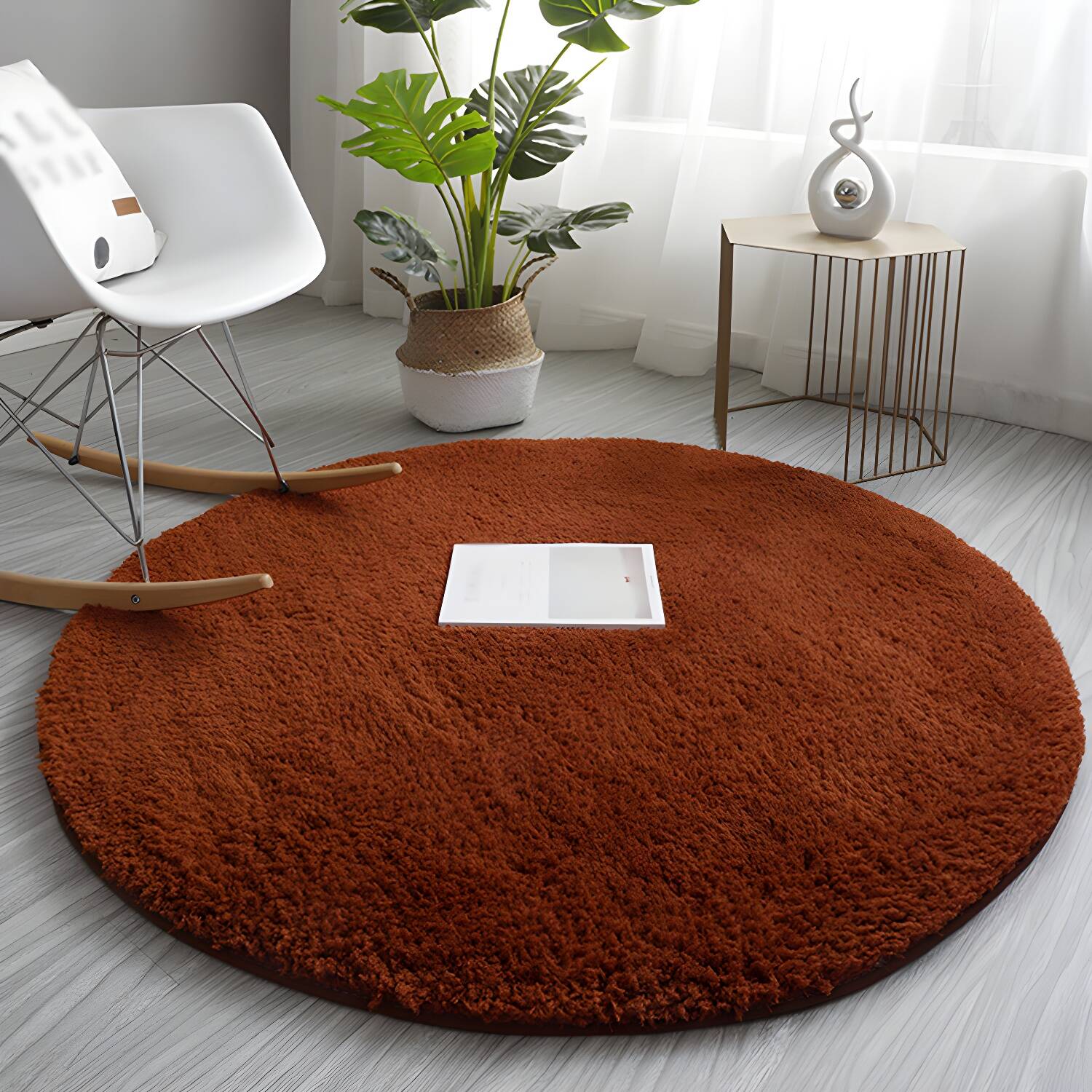 Casual Round Shag Rug Modern Solid Colour Carpet Stain Resistant Polyester Area Rug for Living Room