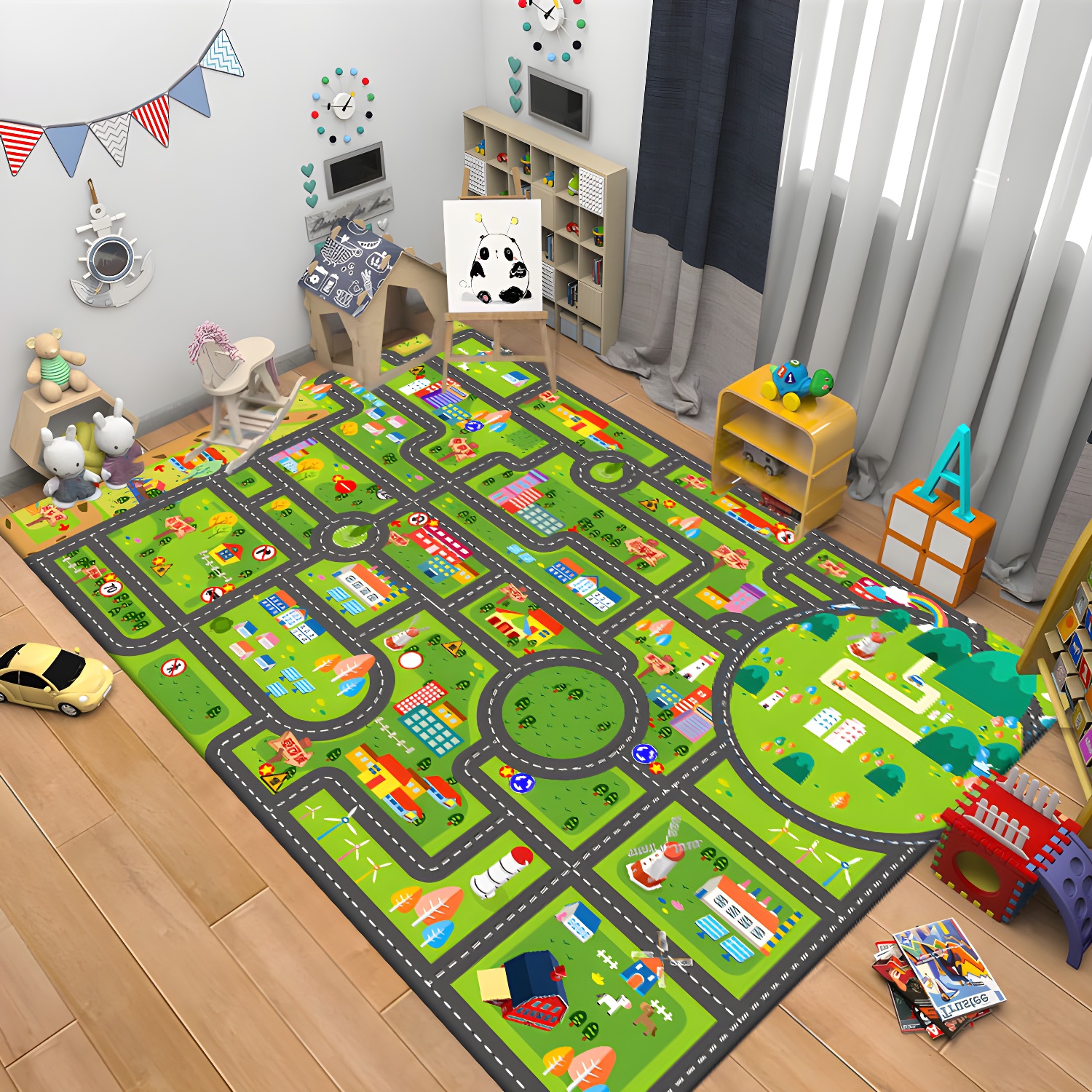 Kid Living Room Area Rug Track Pattern Polyester Area Rug Stain Resistant Carpet for Children's Room